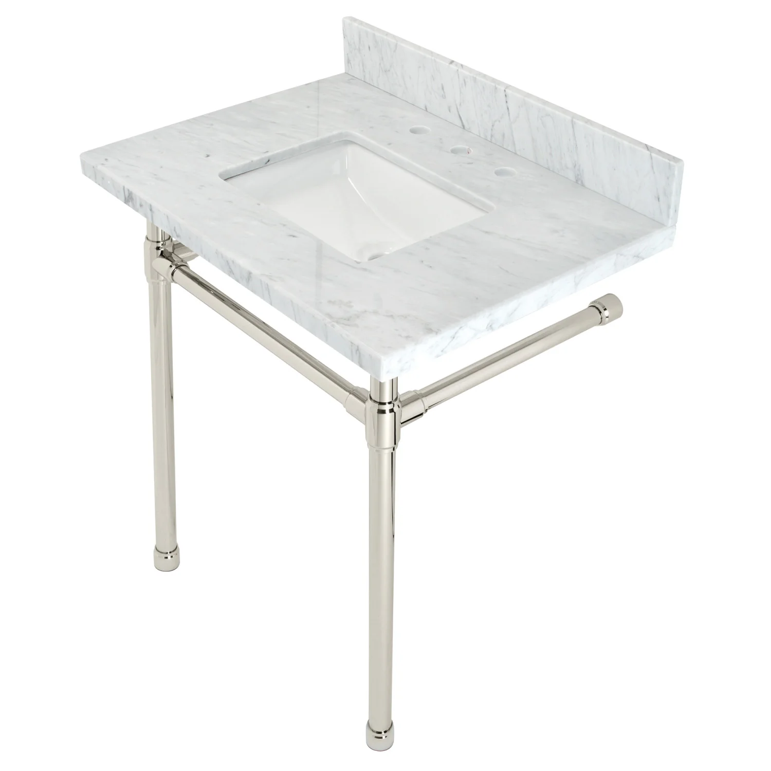 Kingston Tulare KVPB30M8SQ6ST - Dreyfuss 30-Inch Carrara Marble Vanity Top with Stainless Steel Legs (8-Inch, 3-Hole), Carrara Marble White/Polished Nickel - Image 6