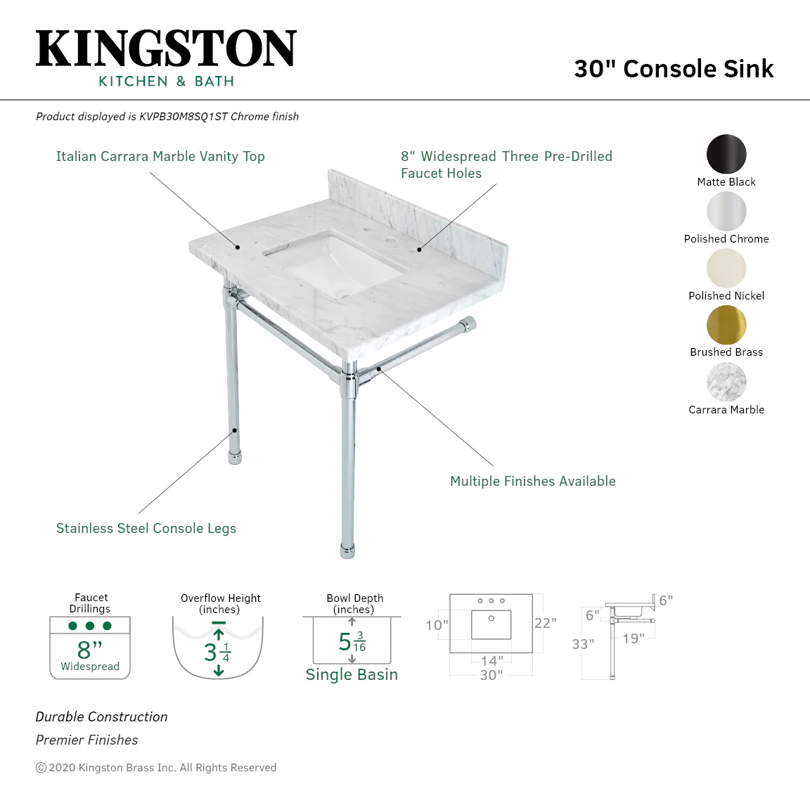 Kingston Tulare KVPB30M8SQ6ST - Dreyfuss 30-Inch Carrara Marble Vanity Top with Stainless Steel Legs (8-Inch, 3-Hole), Carrara Marble White/Polished Nickel - Image 7