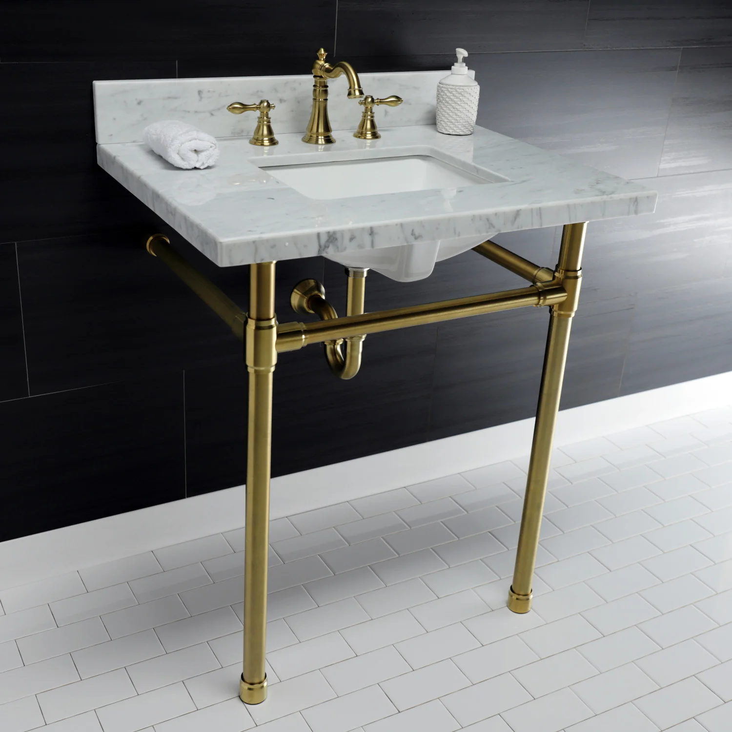Kingston Tulare KVPB30M8SQ7ST - Dreyfuss 30-Inch Carrara Marble Vanity Top with Stainless Steel Legs (8-Inch, 3-Hole), Carrara Marble White/Brushed Brass - Image 3