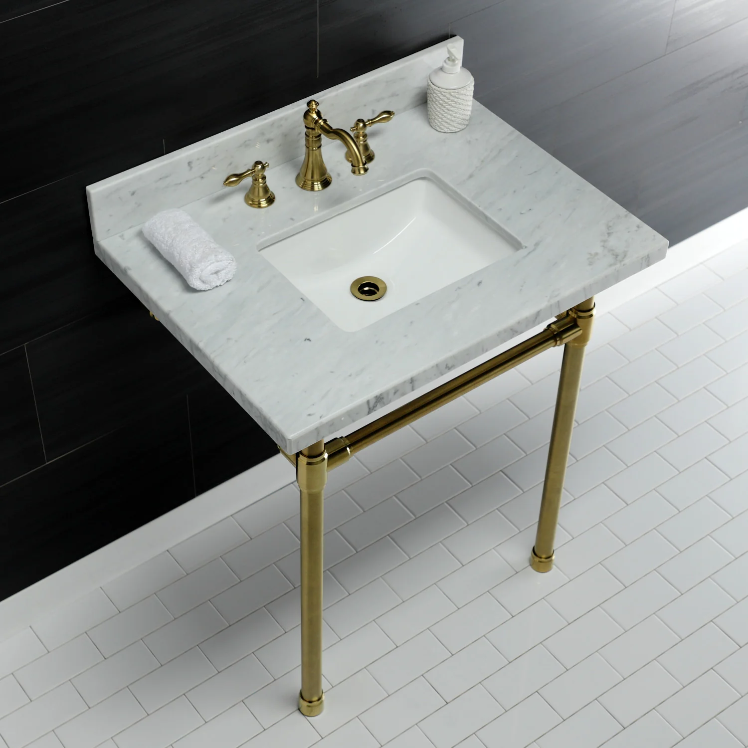 Kingston Tulare KVPB30M8SQ7ST - Dreyfuss 30-Inch Carrara Marble Vanity Top with Stainless Steel Legs (8-Inch, 3-Hole), Carrara Marble White/Brushed Brass - Image 4