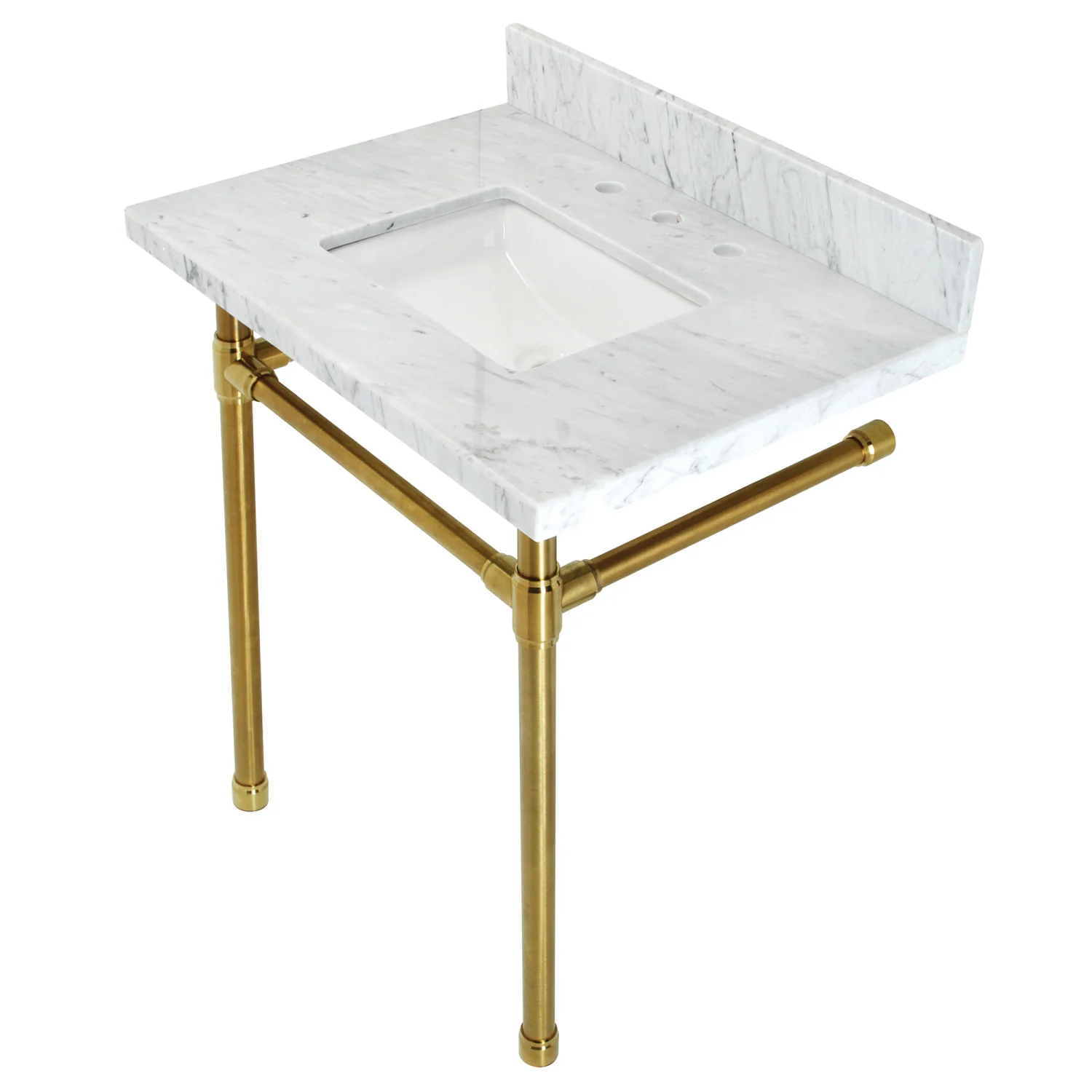 Kingston Tulare KVPB30M8SQ7ST - Dreyfuss 30-Inch Carrara Marble Vanity Top with Stainless Steel Legs (8-Inch, 3-Hole), Carrara Marble White/Brushed Brass - Image 6
