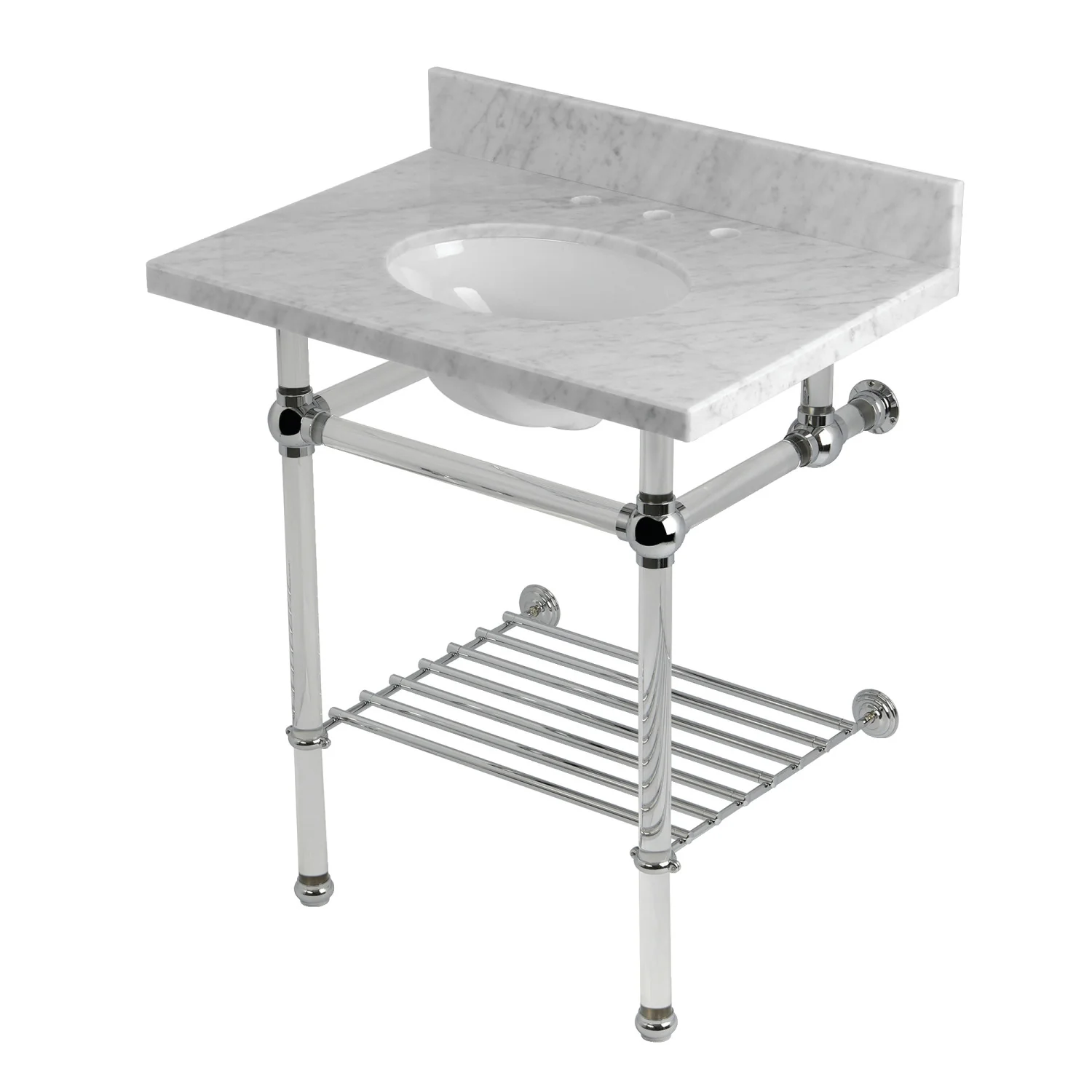Kingston Tulare KVPB30MAB1 - Templeton 30-Inch Carrara Marble Console Sink with Acrylic Legs and Shelf (8-Inch, 3-Hole), Carrara Marble White/Polished Chrome