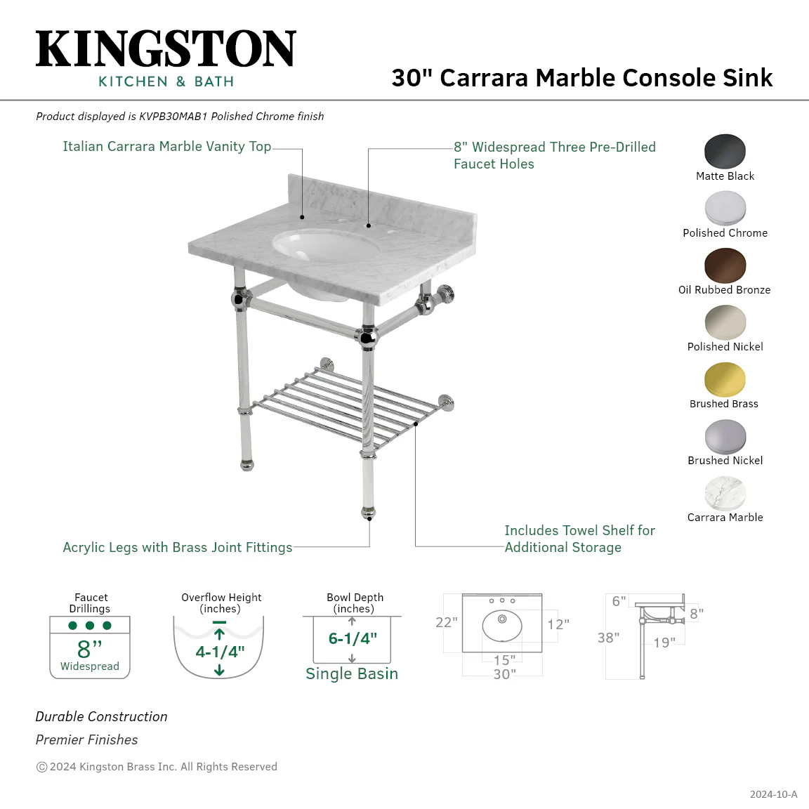 Kingston Tulare KVPB30MAB5 - Templeton 30-Inch Carrara Marble Console Sink with Acrylic Legs and Shelf (8-Inch, 3-Hole), Carrara Marble White/Oil Rubbed Bronze - Image 2