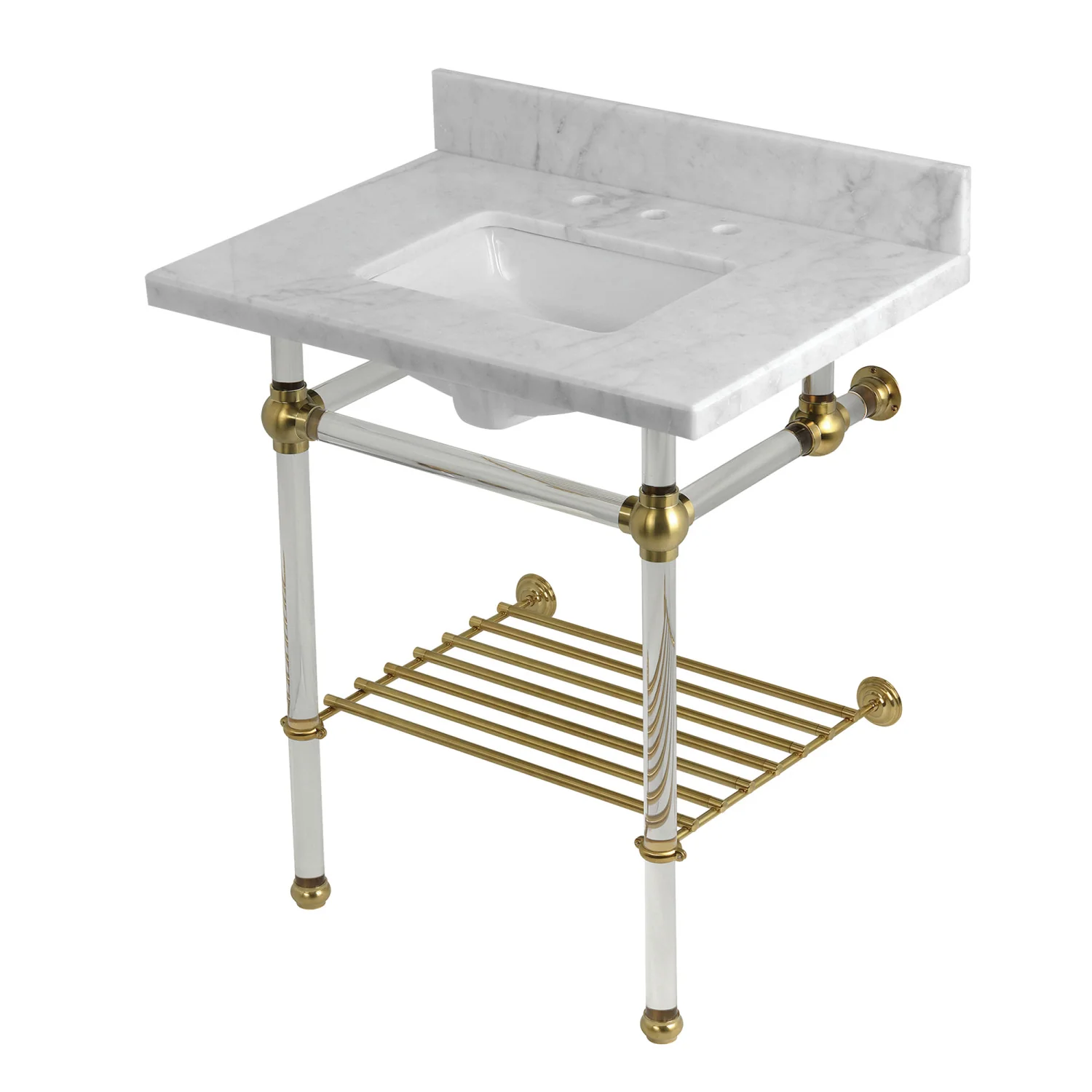 Kingston Tulare KVPB30MASQB7 - Templeton 30-Inch Carrara Marble Console Sink with Acrylic Legs and Shelf (8-Inch, 3-Hole), Carrara Marble White/Brushed Brass