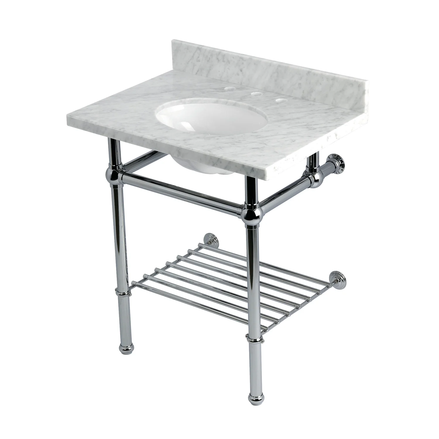 Kingston Heirloom KVPB30MBB1 - Templeton 30-Inch Carrara Marble Console Sink with Brass Legs and Shelf (8-Inch, 3-Hole), Carrara Marble White/Polished Chrome