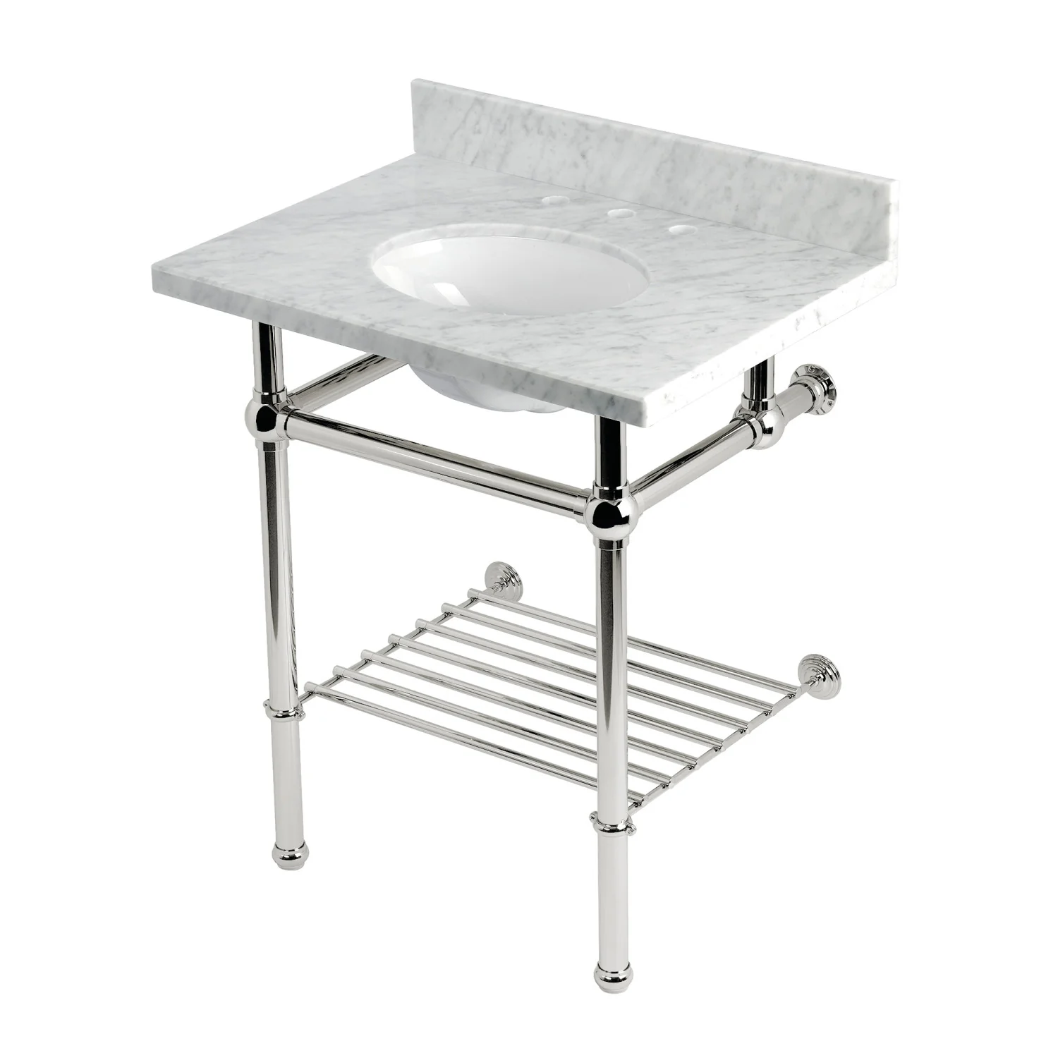 Kingston Heirloom KVPB30MBB6 - Templeton 30-Inch Carrara Marble Console Sink with Brass Legs and Shelf (8-Inch, 3-Hole), Carrara Marble White/Polished Nickel