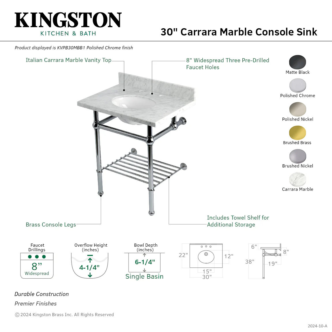 Kingston Heirloom KVPB30MBB6 - Templeton 30-Inch Carrara Marble Console Sink with Brass Legs and Shelf (8-Inch, 3-Hole), Carrara Marble White/Polished Nickel - Image 2