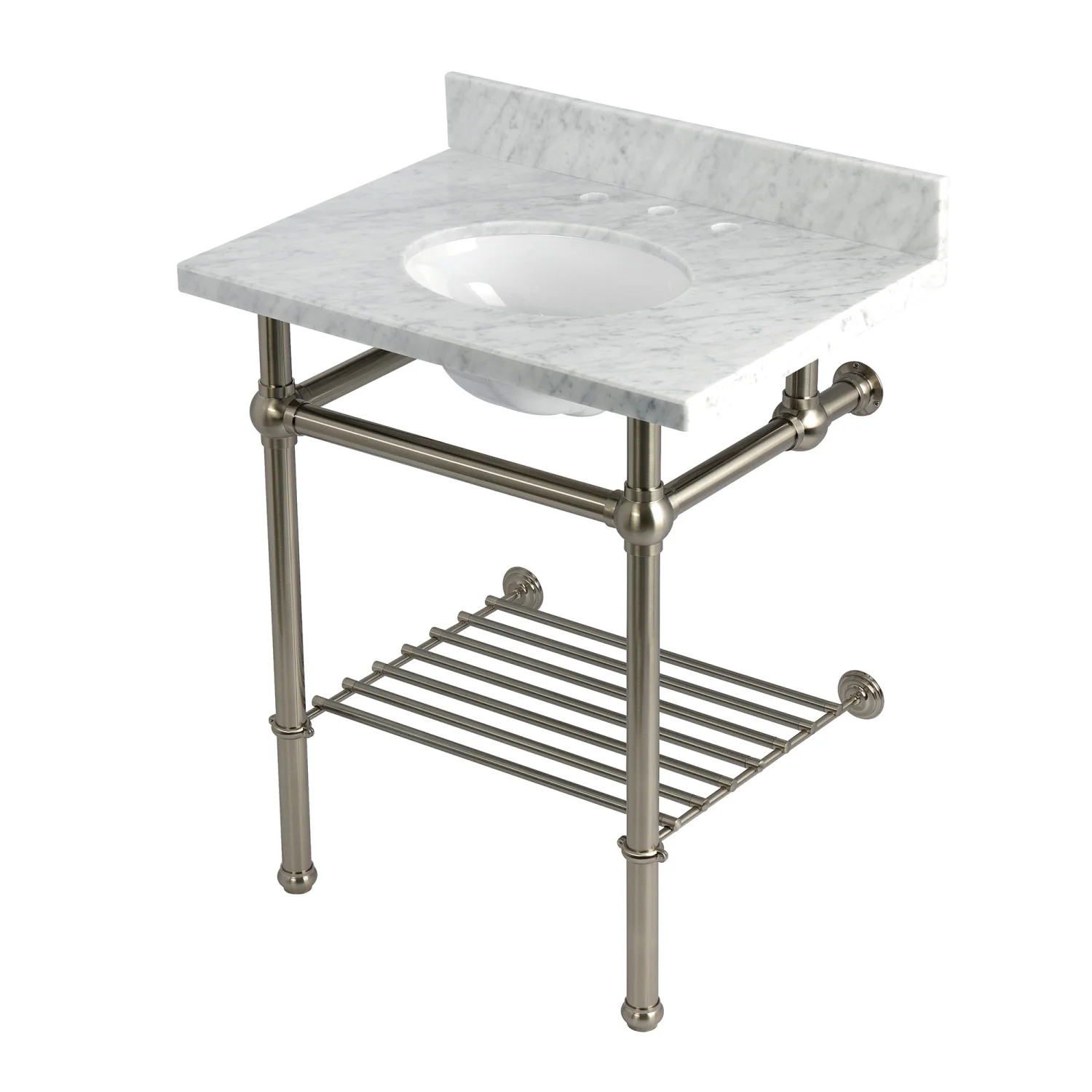 Kingston Heirloom KVPB30MBB8 - Templeton 30-Inch Carrara Marble Console Sink with Brass Legs and Shelf (8-Inch, 3-Hole), Carrara Marble White/Brushed Nickel