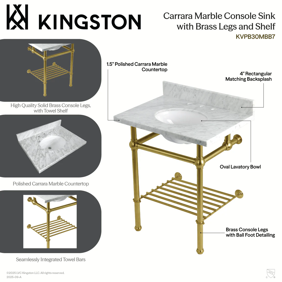 Kingston Heirloom KVPB30MBB8 - Templeton 30-Inch Carrara Marble Console Sink with Brass Legs and Shelf (8-Inch, 3-Hole), Carrara Marble White/Brushed Nickel - Image 3