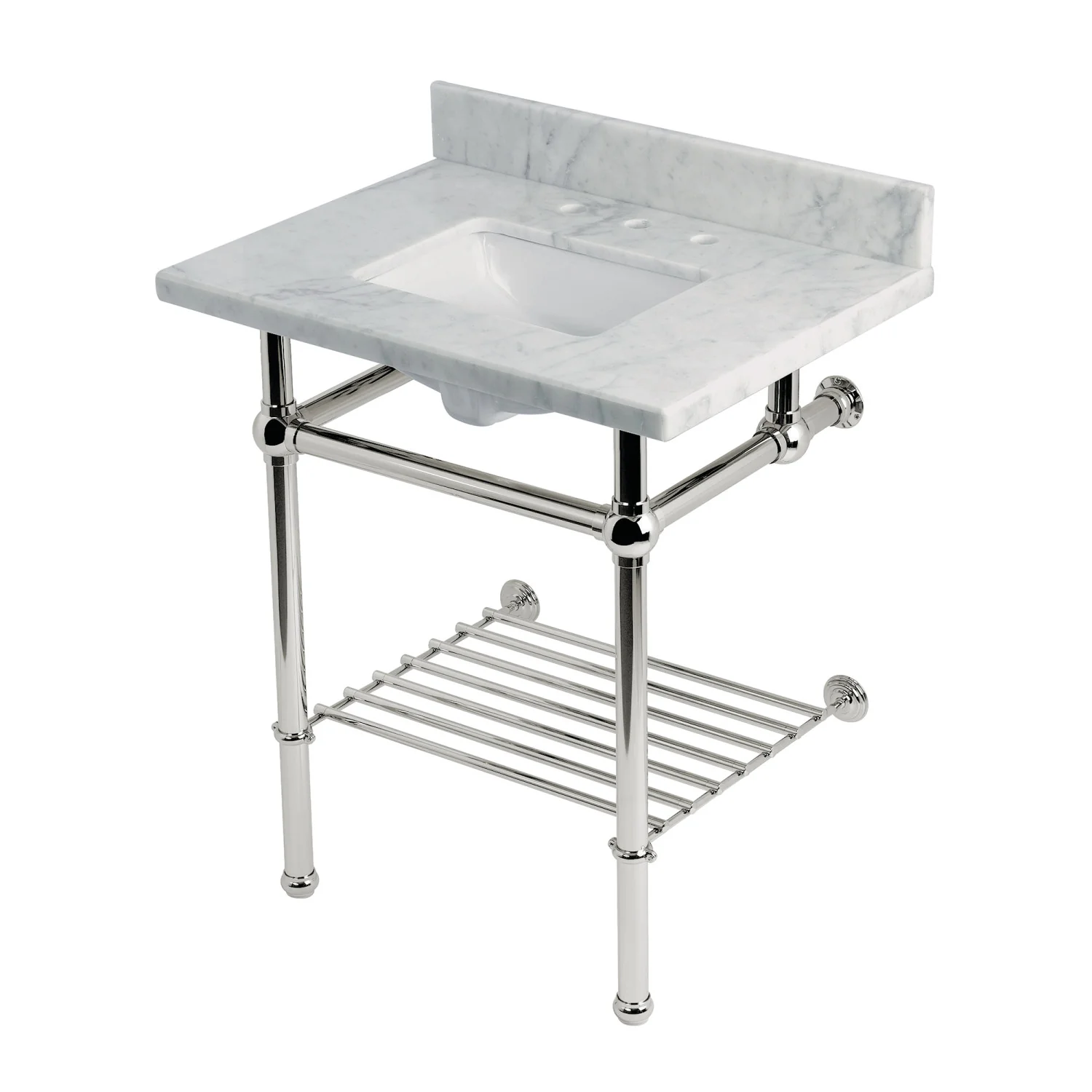 Kingston Heirloom KVPB30MBSQB6 - Templeton 30-Inch Carrara Marble Console Sink with Brass Legs and Shelf (8-Inch, 3-Hole), Carrara Marble White/Polished Nickel