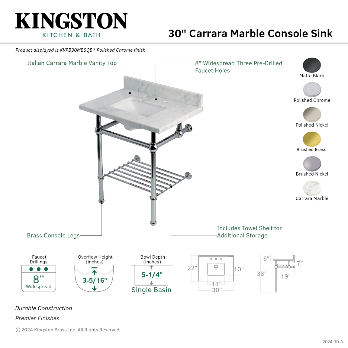Kingston Heirloom KVPB30MBSQB6 - Templeton 30-Inch Carrara Marble Console Sink with Brass Legs and Shelf (8-Inch, 3-Hole), Carrara Marble White/Polished Nickel - Image 2