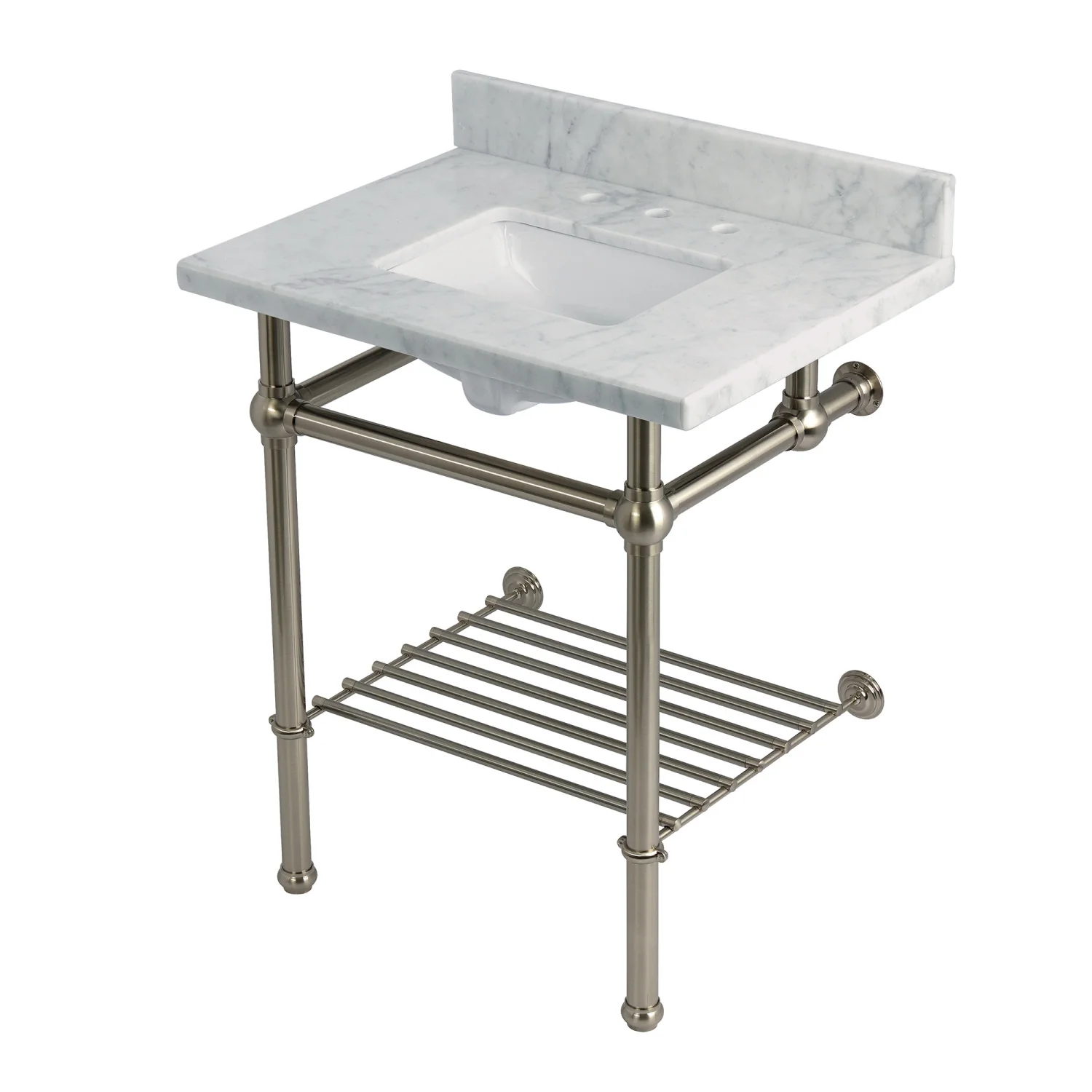 Kingston Heirloom KVPB30MBSQB8 - Templeton 30-Inch Carrara Marble Console Sink with Brass Legs and Shelf (8-Inch, 3-Hole), Carrara Marble White/Brushed Nickel