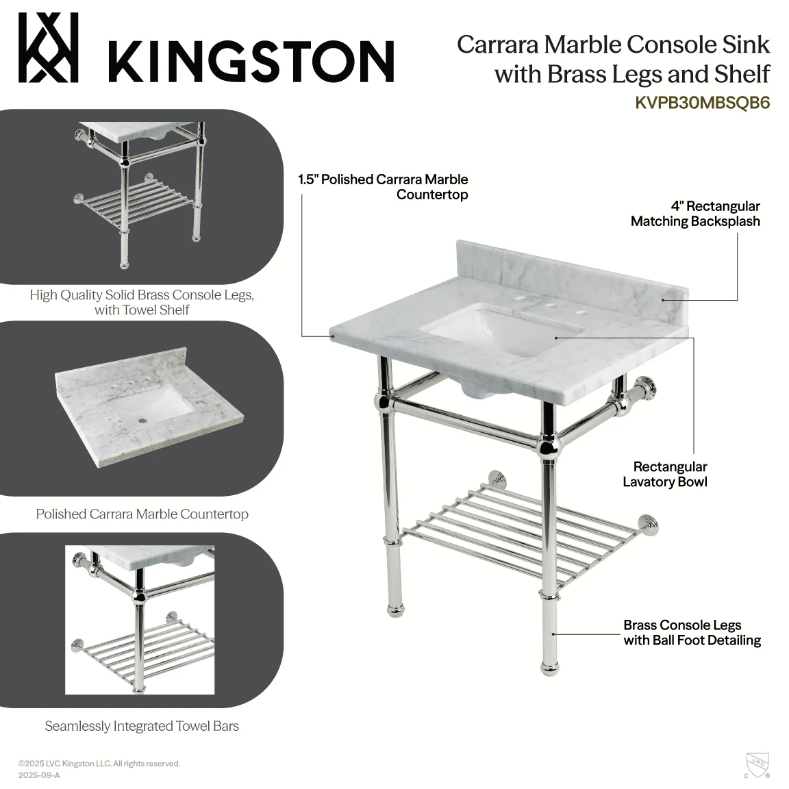 Kingston Heirloom KVPB30MBSQB8 - Templeton 30-Inch Carrara Marble Console Sink with Brass Legs and Shelf (8-Inch, 3-Hole), Carrara Marble White/Brushed Nickel - Image 3