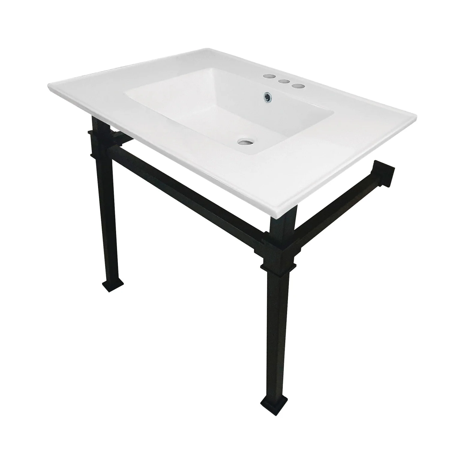 Kingston Sona KVPB31224Q0 - Monarch 31-Inch Ceramic Console Sink with Stainless Steel Legs (4-Inch, 3-Hole), White/Matte Black