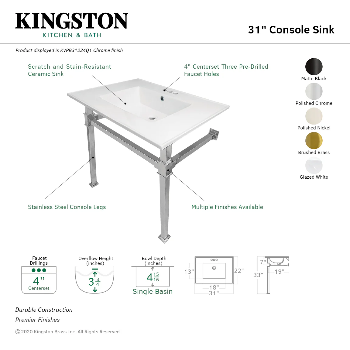 Kingston Sona KVPB31224Q0 - Monarch 31-Inch Ceramic Console Sink with Stainless Steel Legs (4-Inch, 3-Hole), White/Matte Black - Image 2