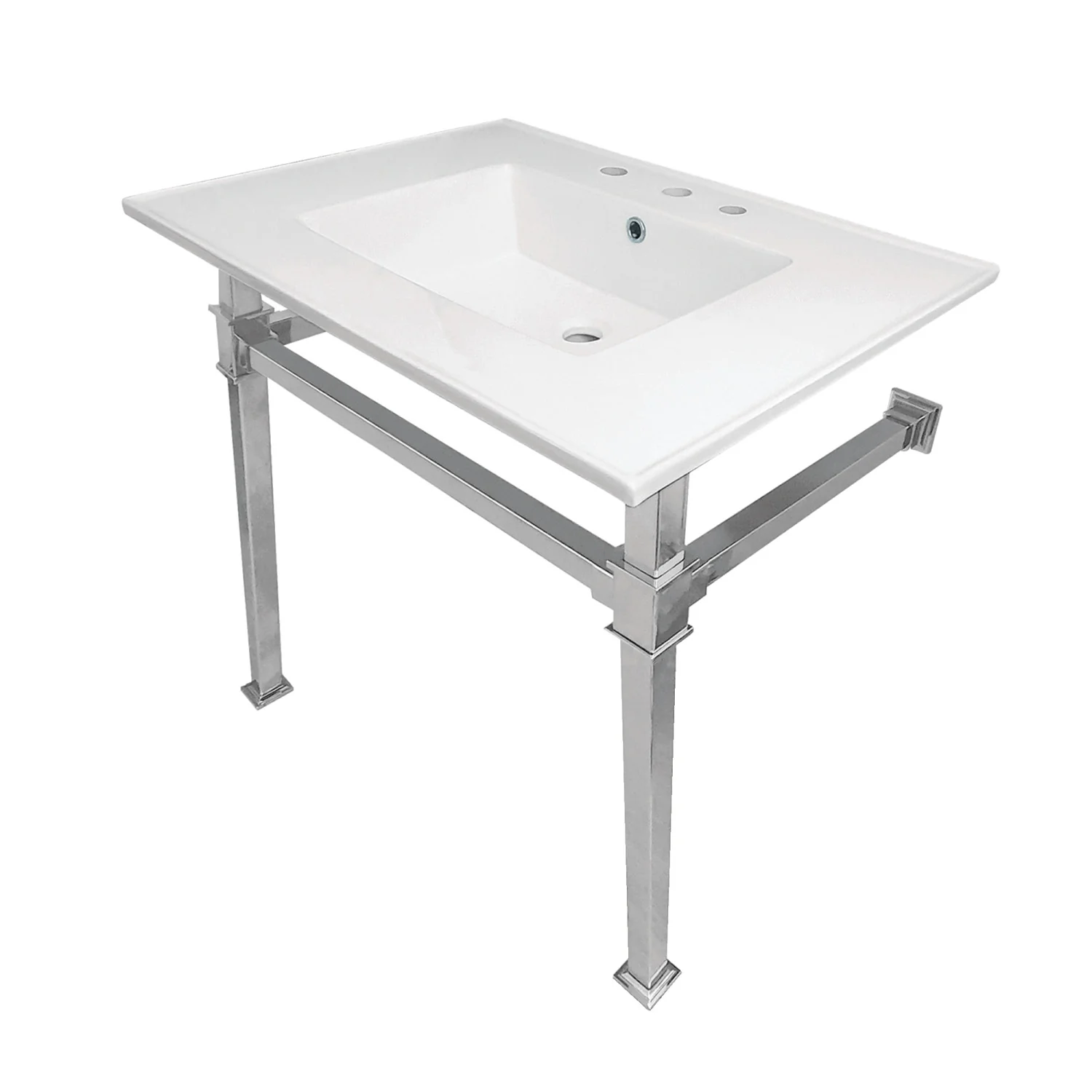 Kingston Sona KVPB31228Q1 - Monarch 31-Inch Ceramic Console Sink with Stainless Steel Legs (8-Inch, 3-Hole), White/Polished Chrome