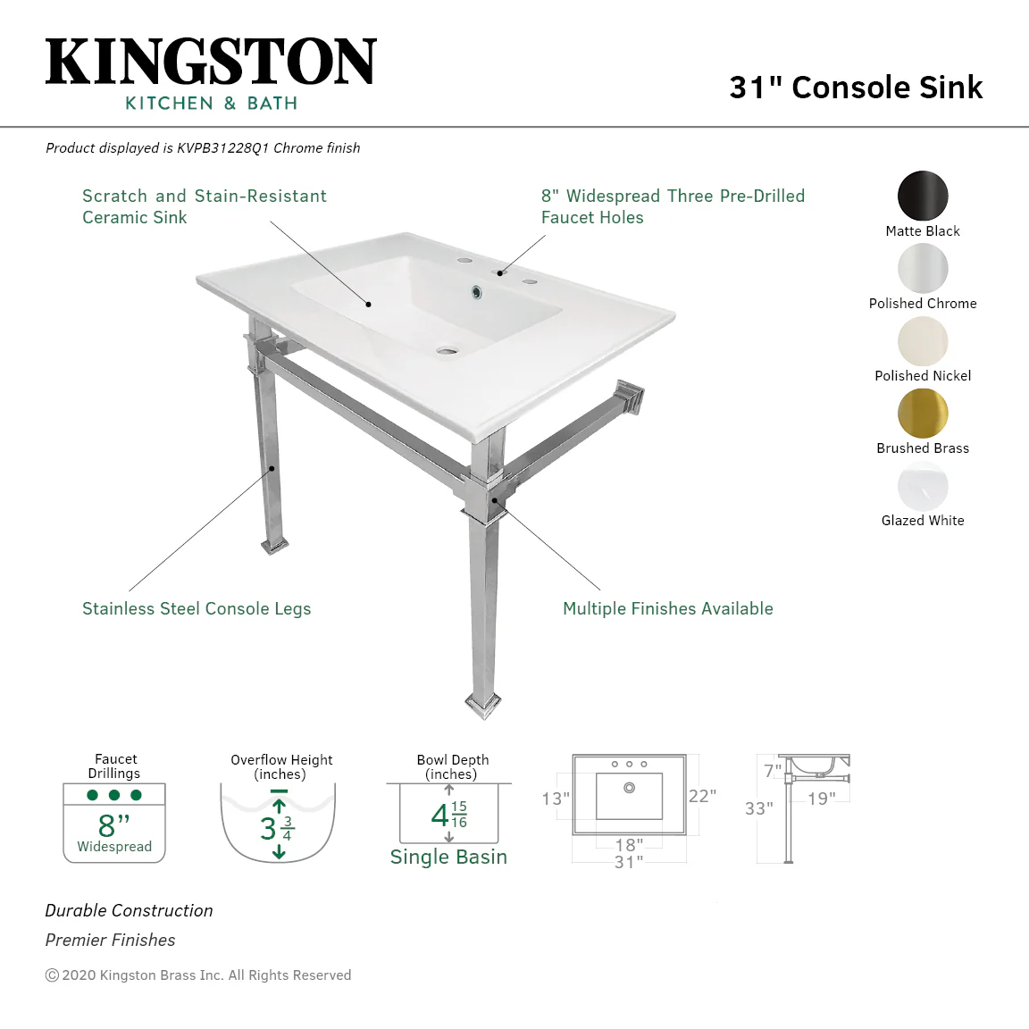 Kingston Sona KVPB31228Q6 - Monarch 31-Inch Ceramic Console Sink with Stainless Steel Legs (8-Inch, 3-Hole), White/Polished Nickel - Image 2