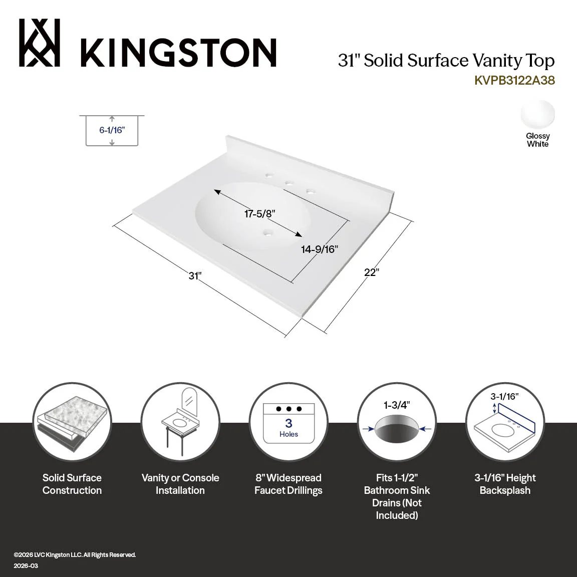 Kingston Sona KVPB3122A38 - Wimbeldon 31-Inch Solid Surface Vanity Top (8" Faucet Drillings), Glossy White - Image 2