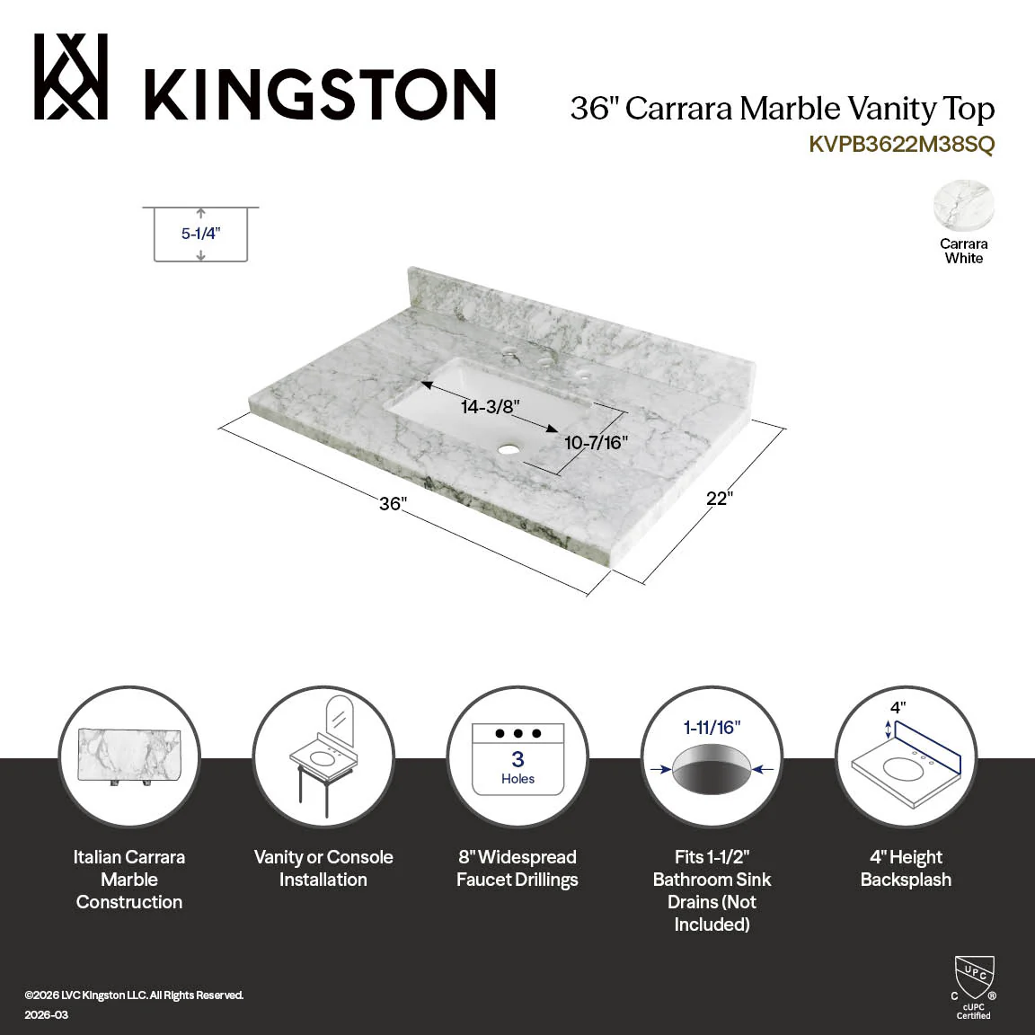 Kingston Tulare KVPB3622M38SQ - Templeton 36-Inch Carrara Marble Vanity Sink Top (8" Faucet Drillings), Carrara Marble - Image 5