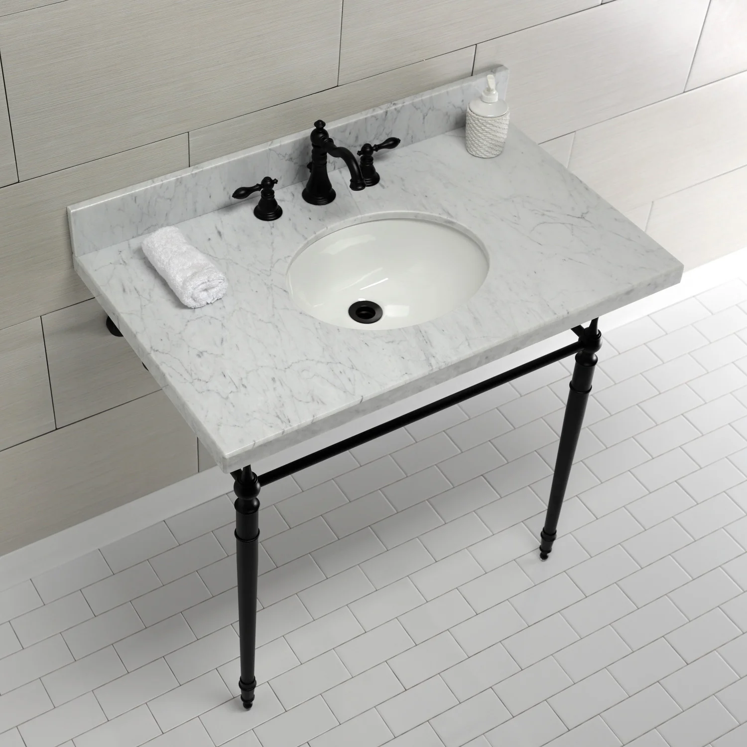 Kingston Heirloom KVPB3622M80 - Edwardian 36-Inch Carrara Marble Console Sink with Brass Legs (8-Inch, 3-Hole), Carrara Marble White/Matte Black - Image 4