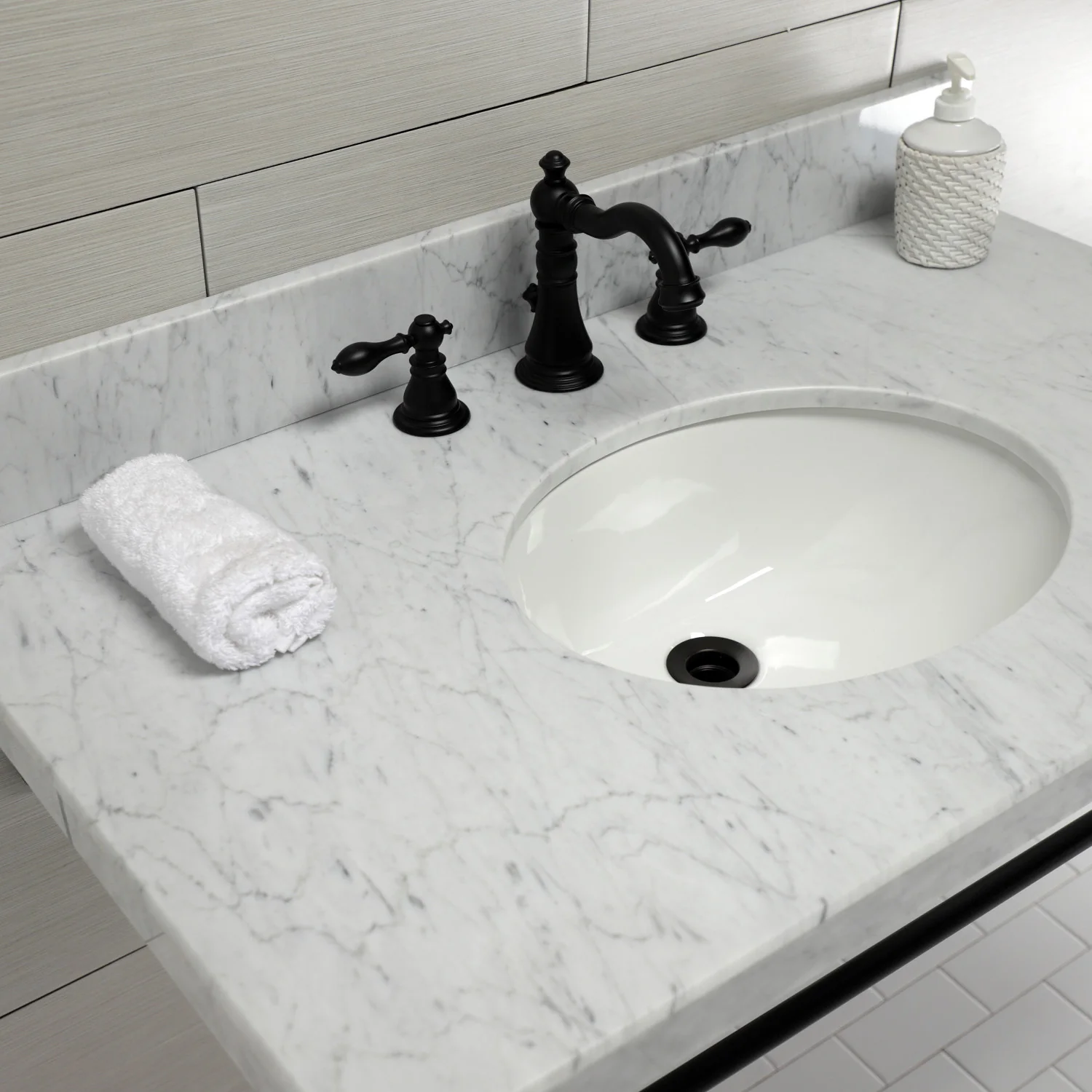 Kingston Heirloom KVPB3622M80 - Edwardian 36-Inch Carrara Marble Console Sink with Brass Legs (8-Inch, 3-Hole), Carrara Marble White/Matte Black - Image 5
