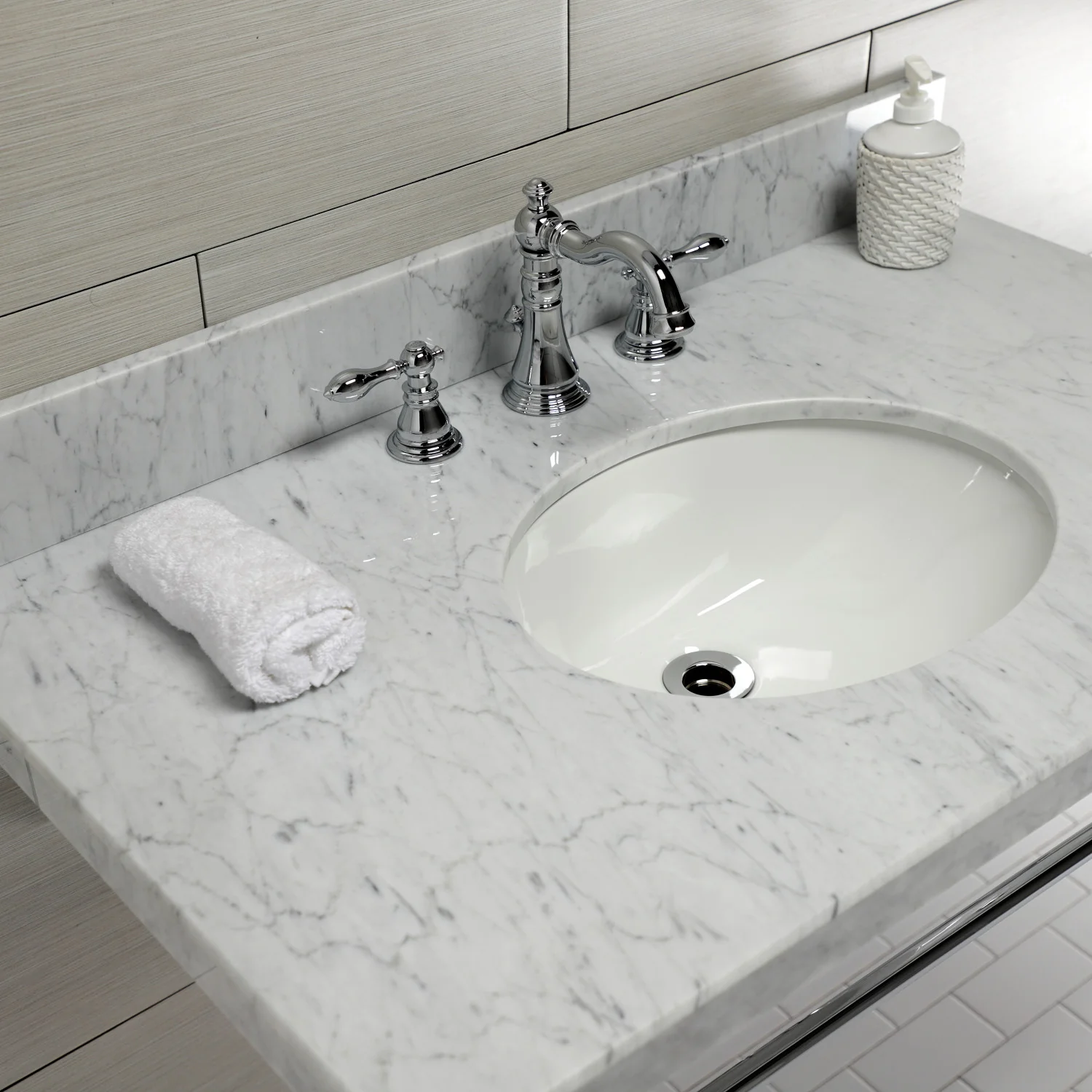 Kingston Heirloom KVPB3622M81 - Edwardian 36-Inch Carrara Marble Console Sink with Brass Legs (8-Inch, 3-Hole), Carrara Marble White/Polished Chrome - Image 5