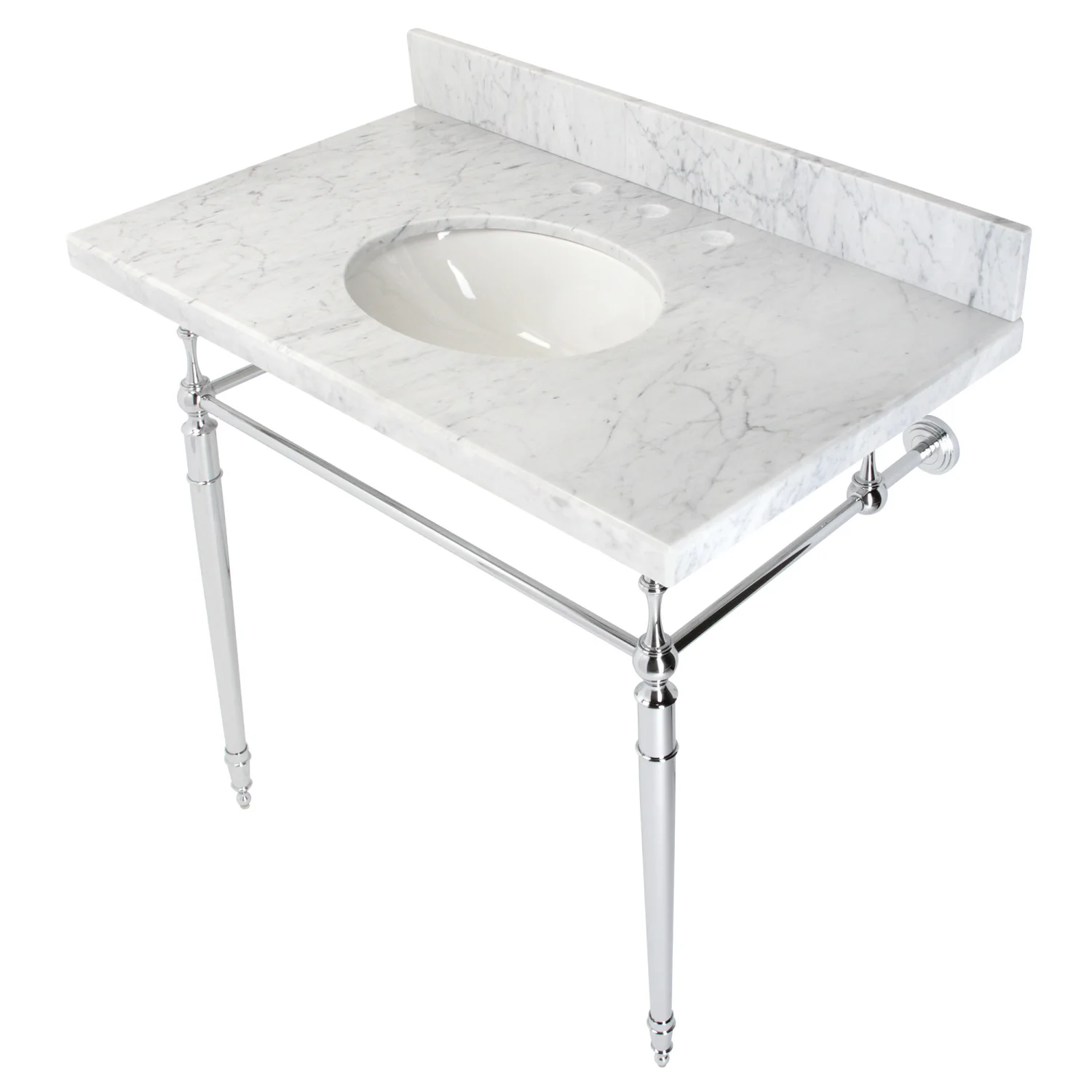 Kingston Heirloom KVPB3622M81 - Edwardian 36-Inch Carrara Marble Console Sink with Brass Legs (8-Inch, 3-Hole), Carrara Marble White/Polished Chrome - Image 6