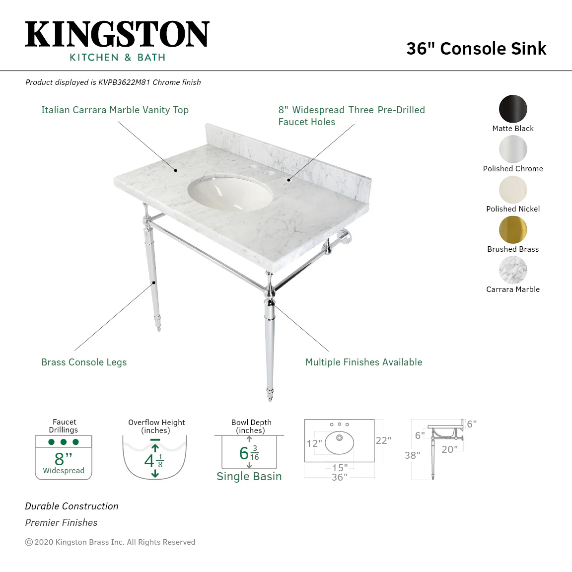 Kingston Heirloom KVPB3622M81 - Edwardian 36-Inch Carrara Marble Console Sink with Brass Legs (8-Inch, 3-Hole), Carrara Marble White/Polished Chrome - Image 7