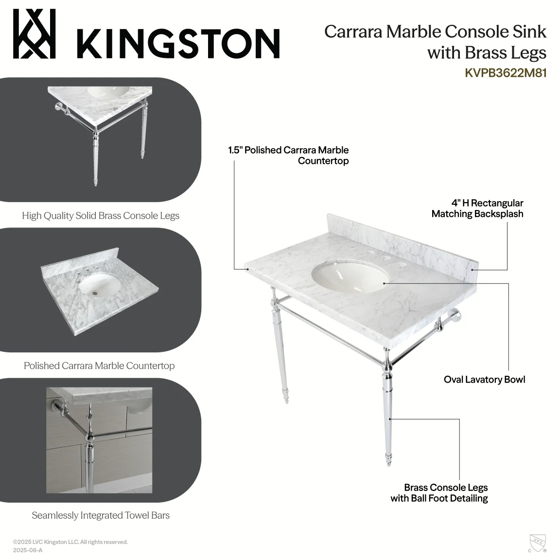 Kingston Heirloom KVPB3622M81 - Edwardian 36-Inch Carrara Marble Console Sink with Brass Legs (8-Inch, 3-Hole), Carrara Marble White/Polished Chrome - Image 8