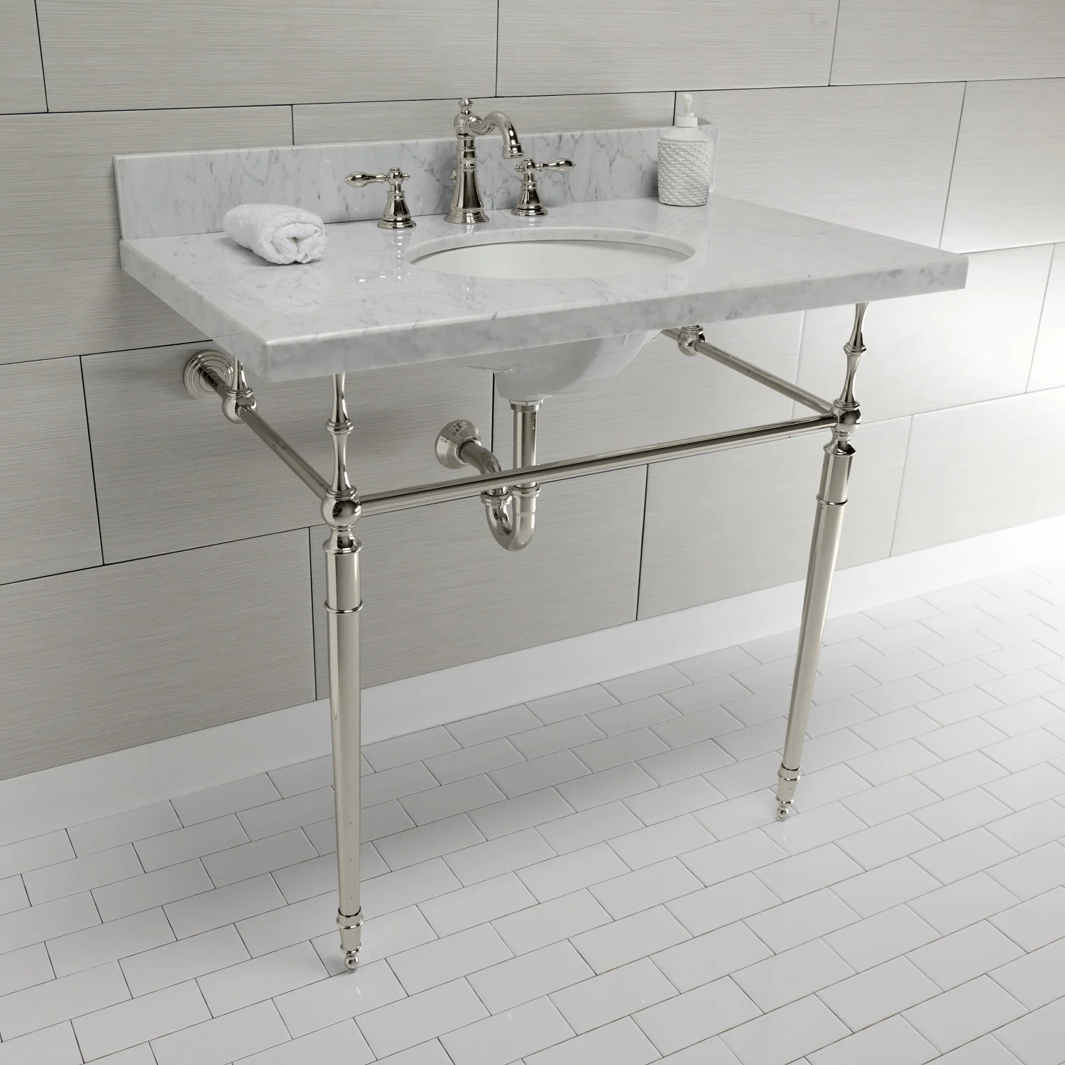 Kingston Heirloom KVPB3622M86 - Edwardian 36-Inch Carrara Marble Console Sink with Brass Legs (8-Inch, 3-Hole), Carrara Marble White/Polished Nickel - Image 3