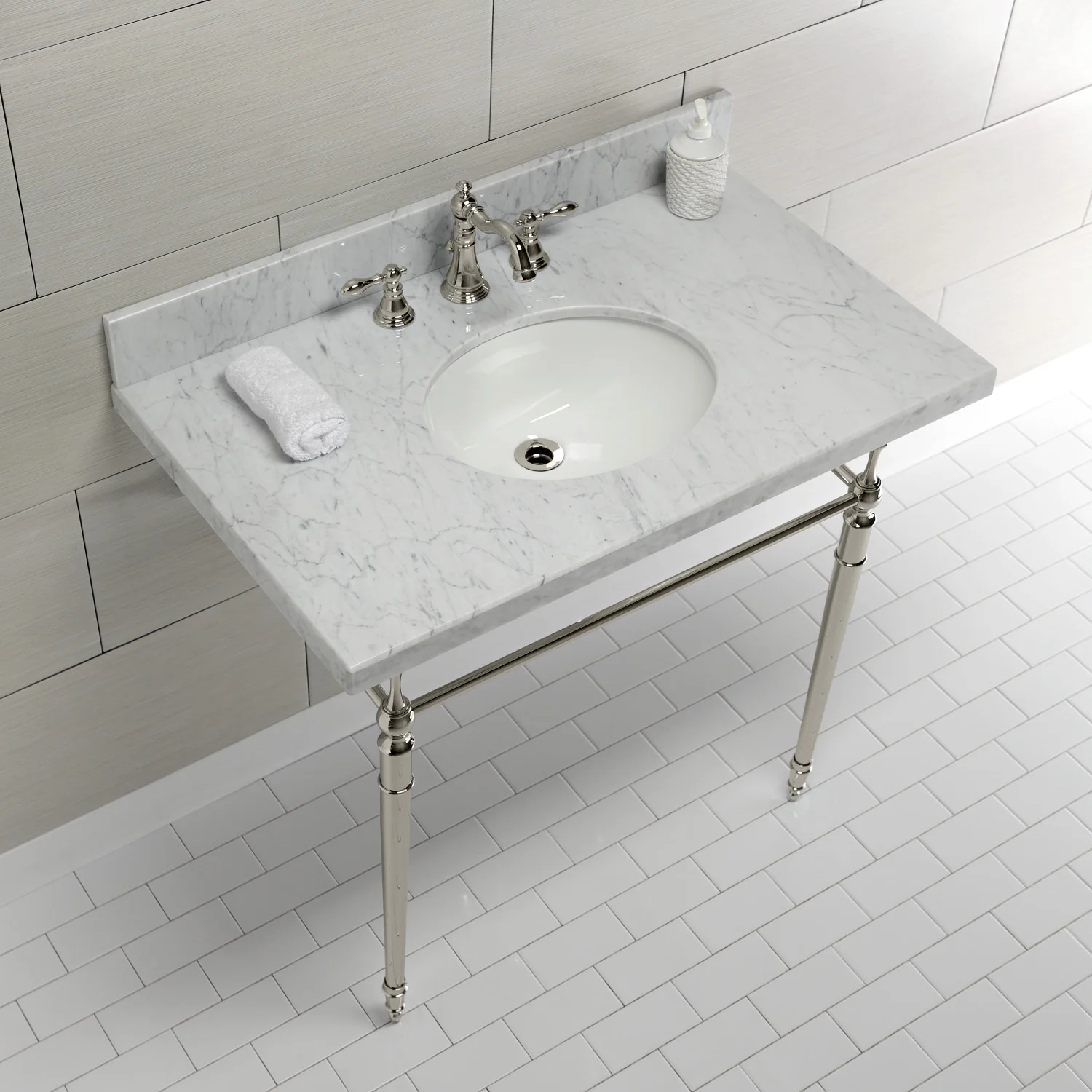 Kingston Heirloom KVPB3622M86 - Edwardian 36-Inch Carrara Marble Console Sink with Brass Legs (8-Inch, 3-Hole), Carrara Marble White/Polished Nickel - Image 4