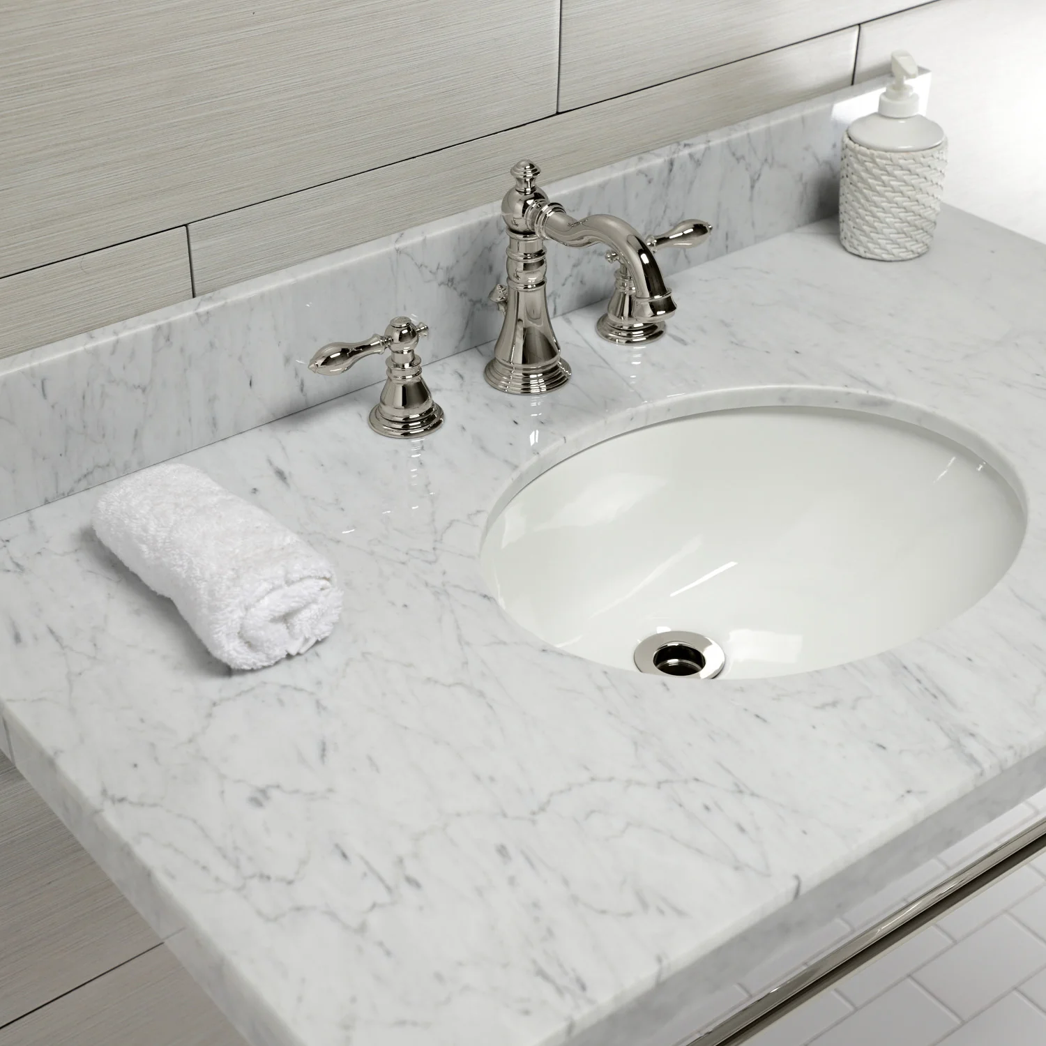 Kingston Heirloom KVPB3622M86 - Edwardian 36-Inch Carrara Marble Console Sink with Brass Legs (8-Inch, 3-Hole), Carrara Marble White/Polished Nickel - Image 5
