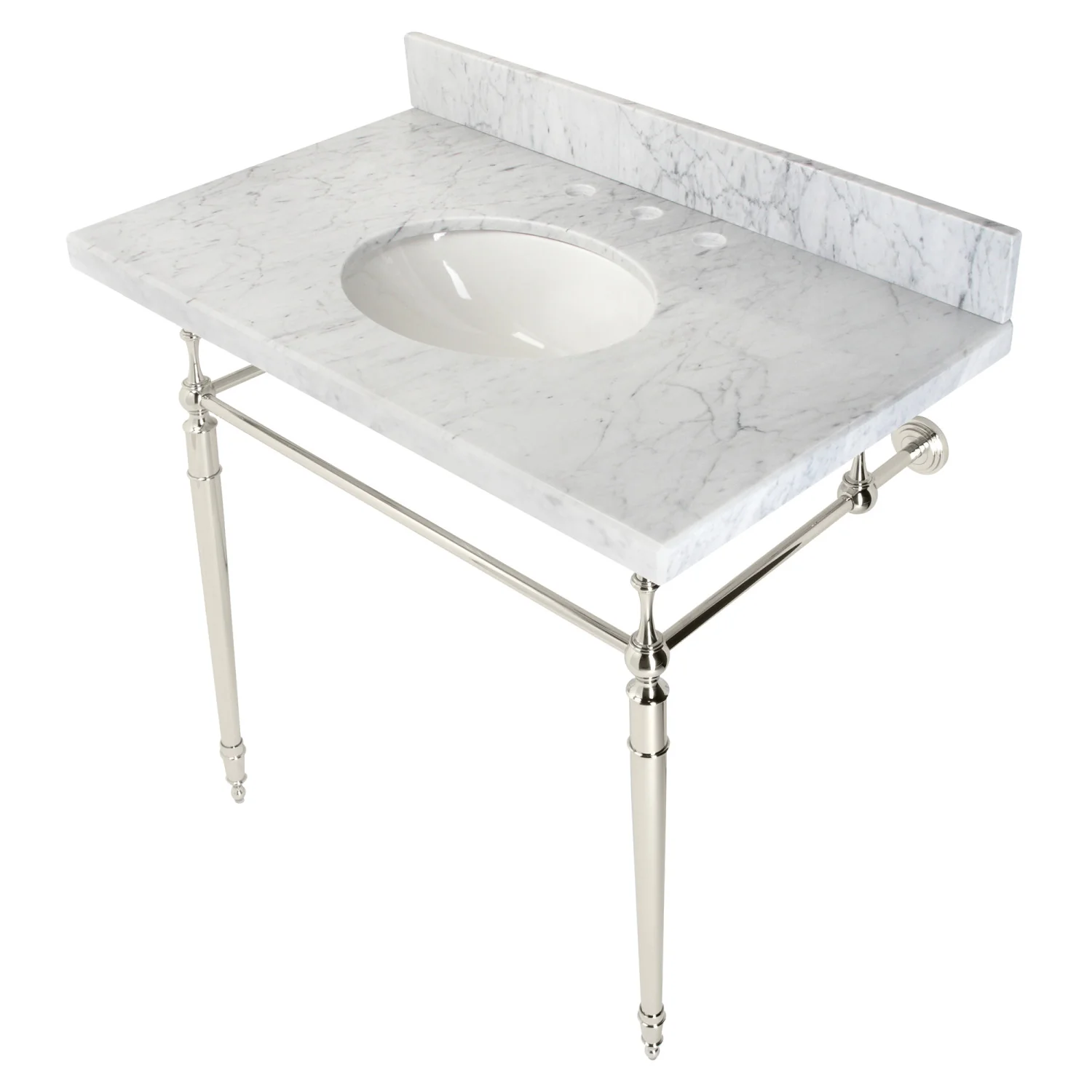 Kingston Heirloom KVPB3622M86 - Edwardian 36-Inch Carrara Marble Console Sink with Brass Legs (8-Inch, 3-Hole), Carrara Marble White/Polished Nickel - Image 6