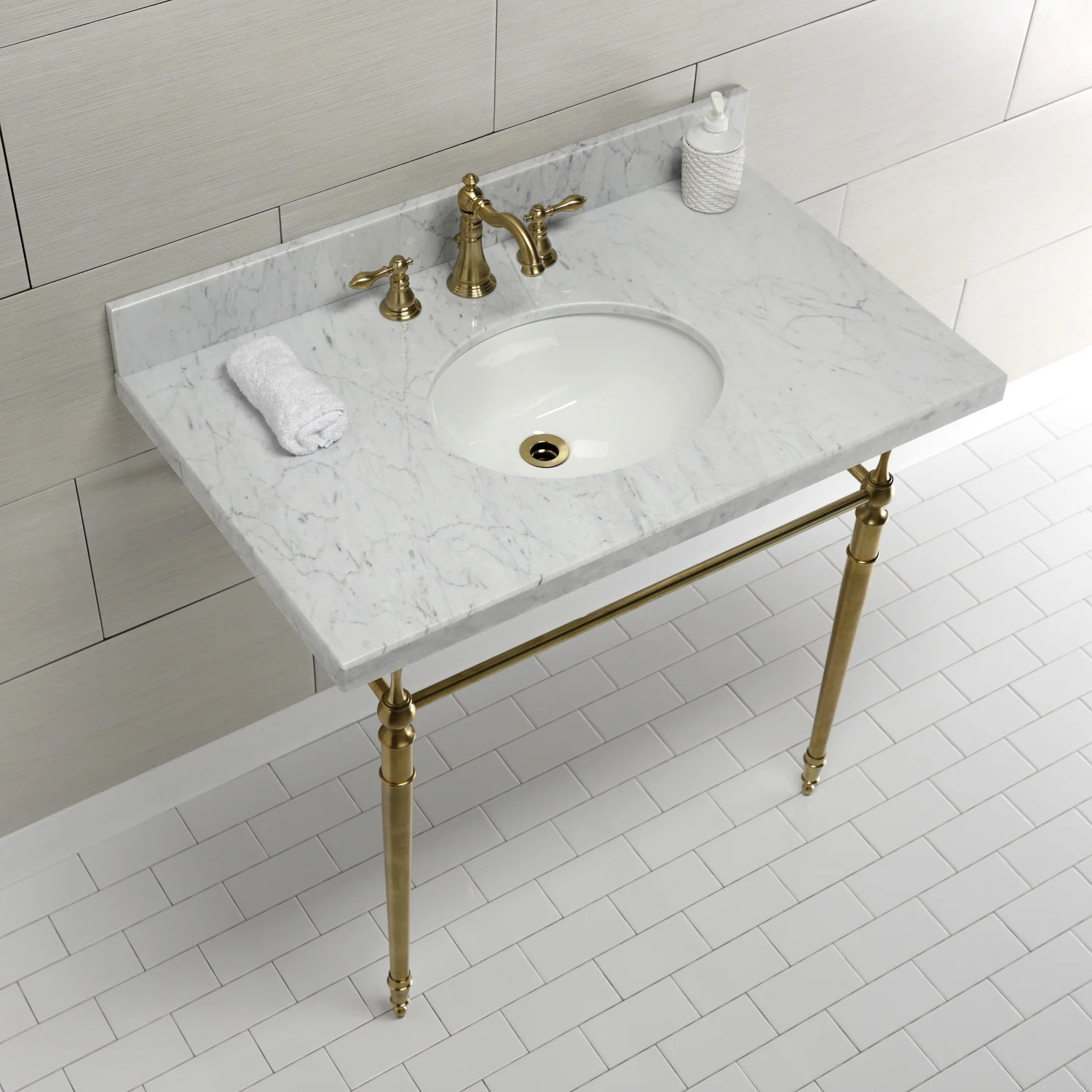 Kingston Heirloom KVPB3622M87 - Edwardian 36-Inch Carrara Marble Console Sink with Brass Legs (8-Inch, 3-Hole), Carrara Marble White/Brushed Brass - Image 4