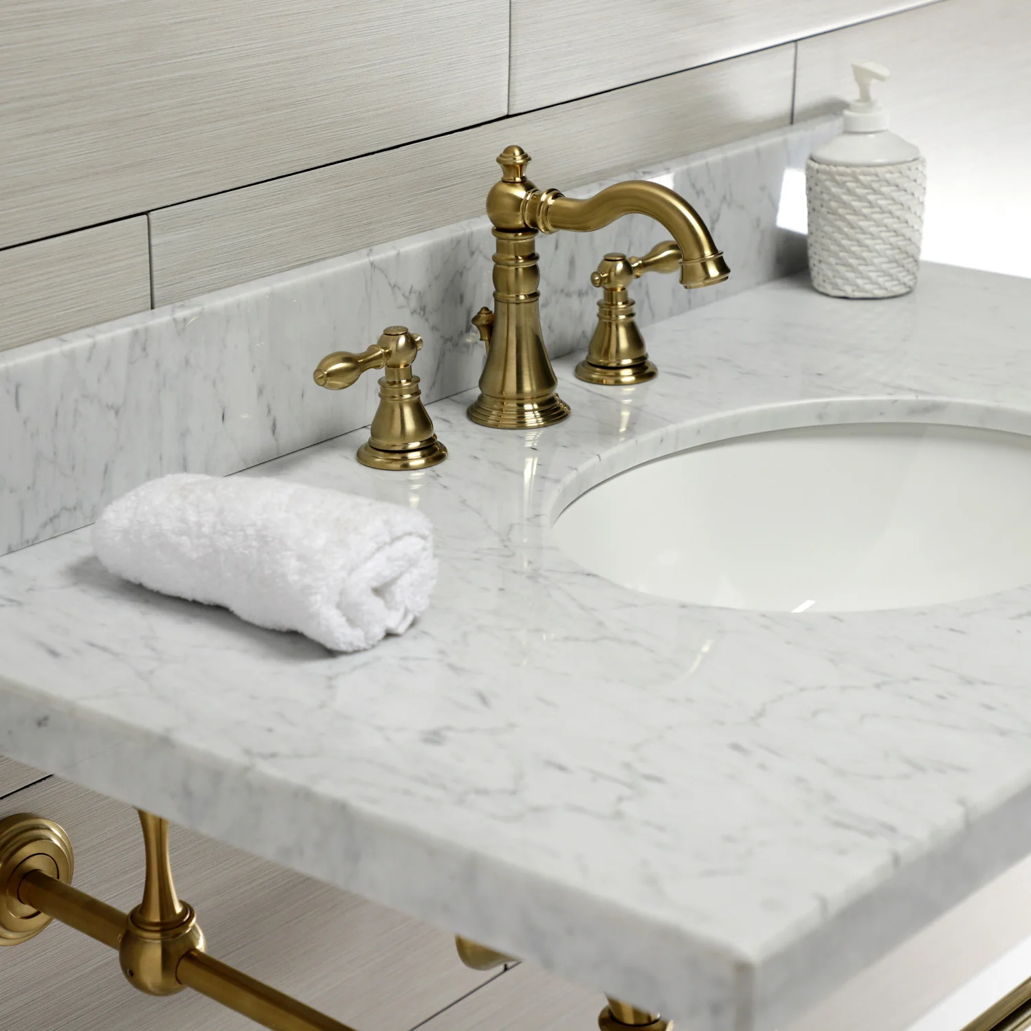 Kingston Heirloom KVPB3622M87 - Edwardian 36-Inch Carrara Marble Console Sink with Brass Legs (8-Inch, 3-Hole), Carrara Marble White/Brushed Brass - Image 5