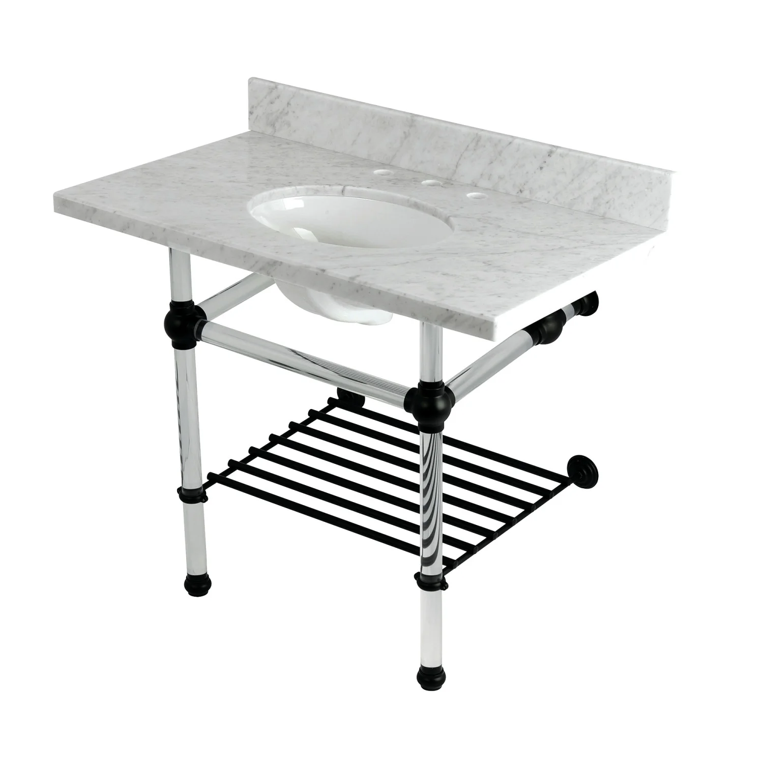 Kingston Tulare KVPB3630MAB0 - Templeton 36-Inch Carrara Marble Console Sink with Acrylic Legs and Shelf (8-Inch, 3-Hole), Carrara Marble White/Matte Black
