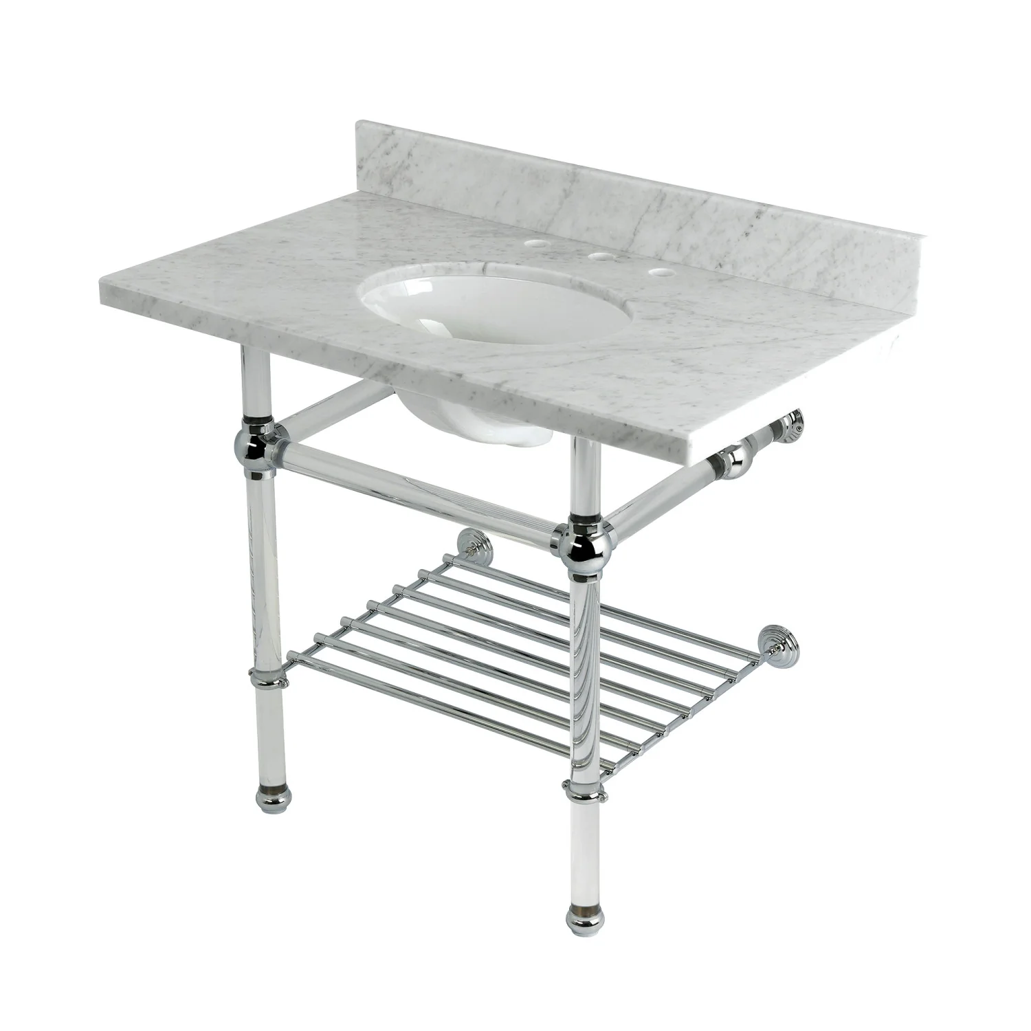 Kingston Tulare KVPB3630MAB1 - Templeton 36-Inch Carrara Marble Console Sink with Acrylic Legs and Shelf (8-Inch, 3-Hole), Carrara Marble White/Polished Chrome