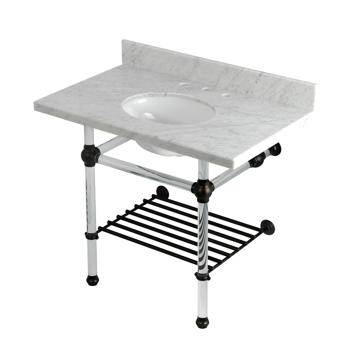 Kingston Tulare KVPB3630MAB5 - Templeton 36-Inch Carrara Marble Console Sink with Acrylic Legs and Shelf (8-Inch, 3-Hole), Carrara Marble White/Oil Rubbed Bronze