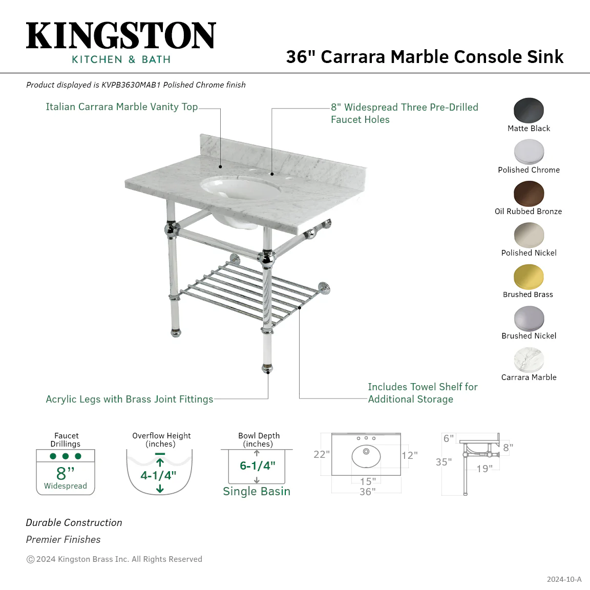 Kingston Tulare KVPB3630MAB5 - Templeton 36-Inch Carrara Marble Console Sink with Acrylic Legs and Shelf (8-Inch, 3-Hole), Carrara Marble White/Oil Rubbed Bronze - Image 2