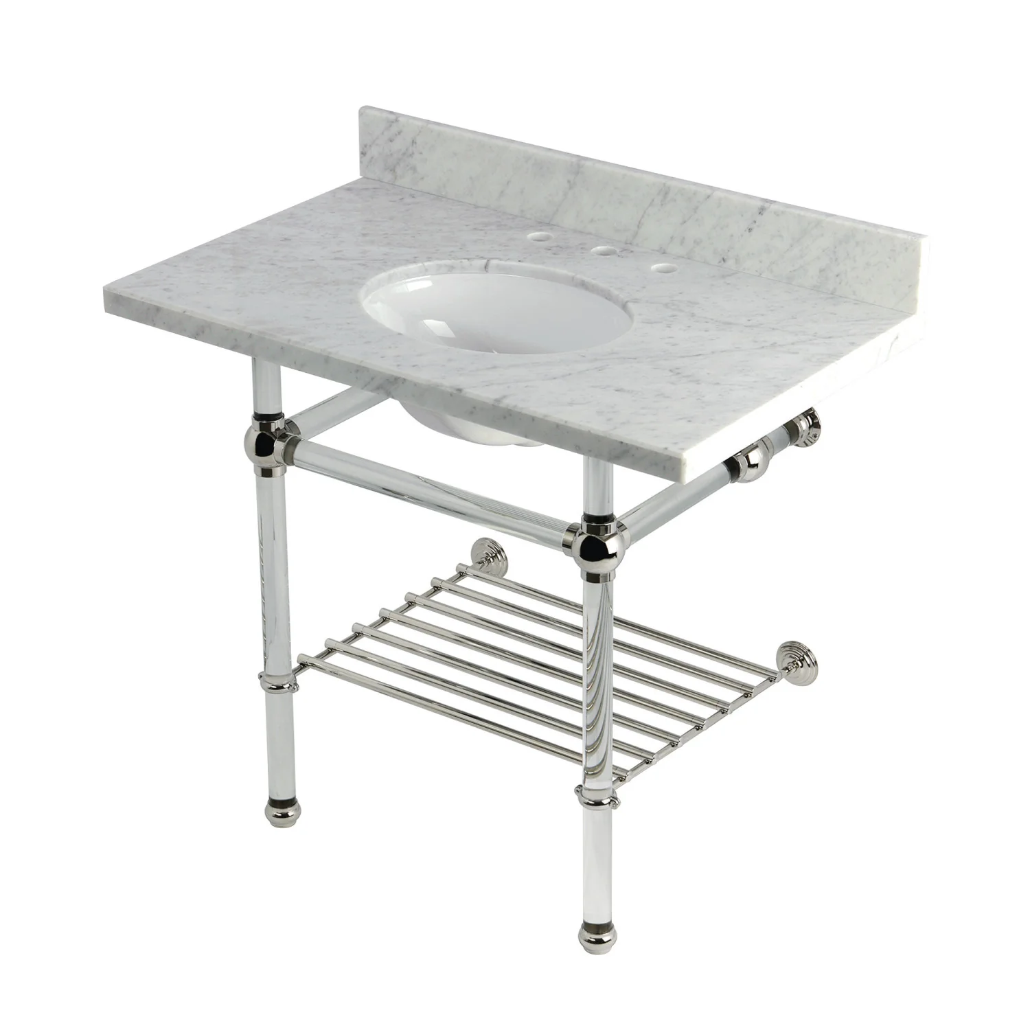 Kingston Tulare KVPB3630MAB6 - Templeton 36-Inch Carrara Marble Console Sink with Acrylic Legs and Shelf (8-Inch, 3-Hole), Carrara Marble White/Polished Nickel