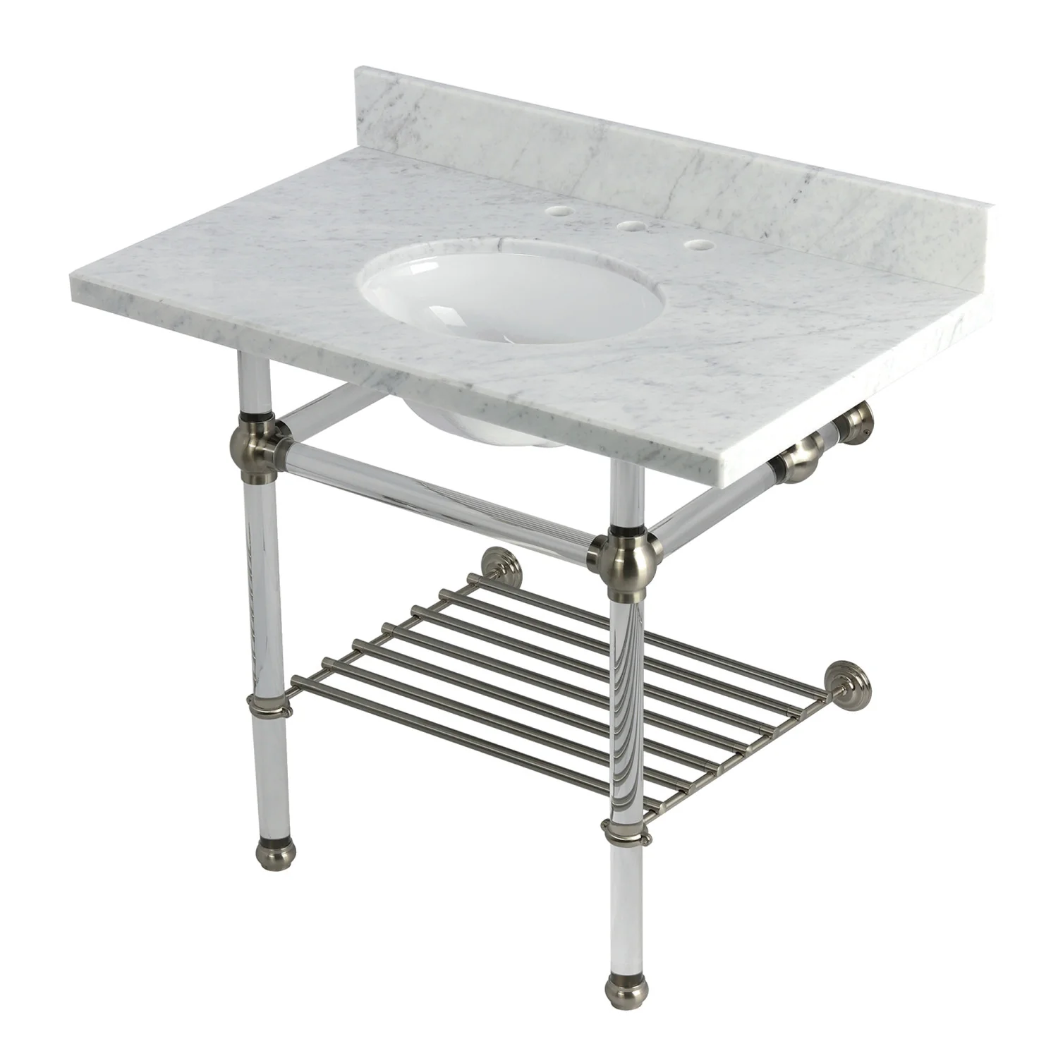 Kingston Tulare KVPB3630MAB8 - Templeton 36-Inch Carrara Marble Console Sink with Acrylic Legs and Shelf (8-Inch, 3-Hole), Carrara Marble White/Brushed Nickel