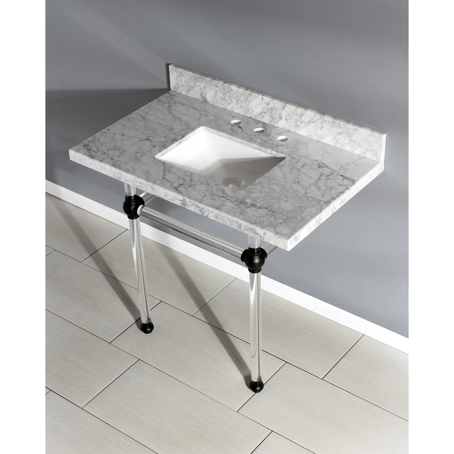 Kingston Tulare KVPB3630MASQ0 - Templeton 36-Inch Carrara Marble Vanity Top with Acrylic Legs (8-Inch, 3-Hole), Carrara Marble White/Matte Black - Image 2