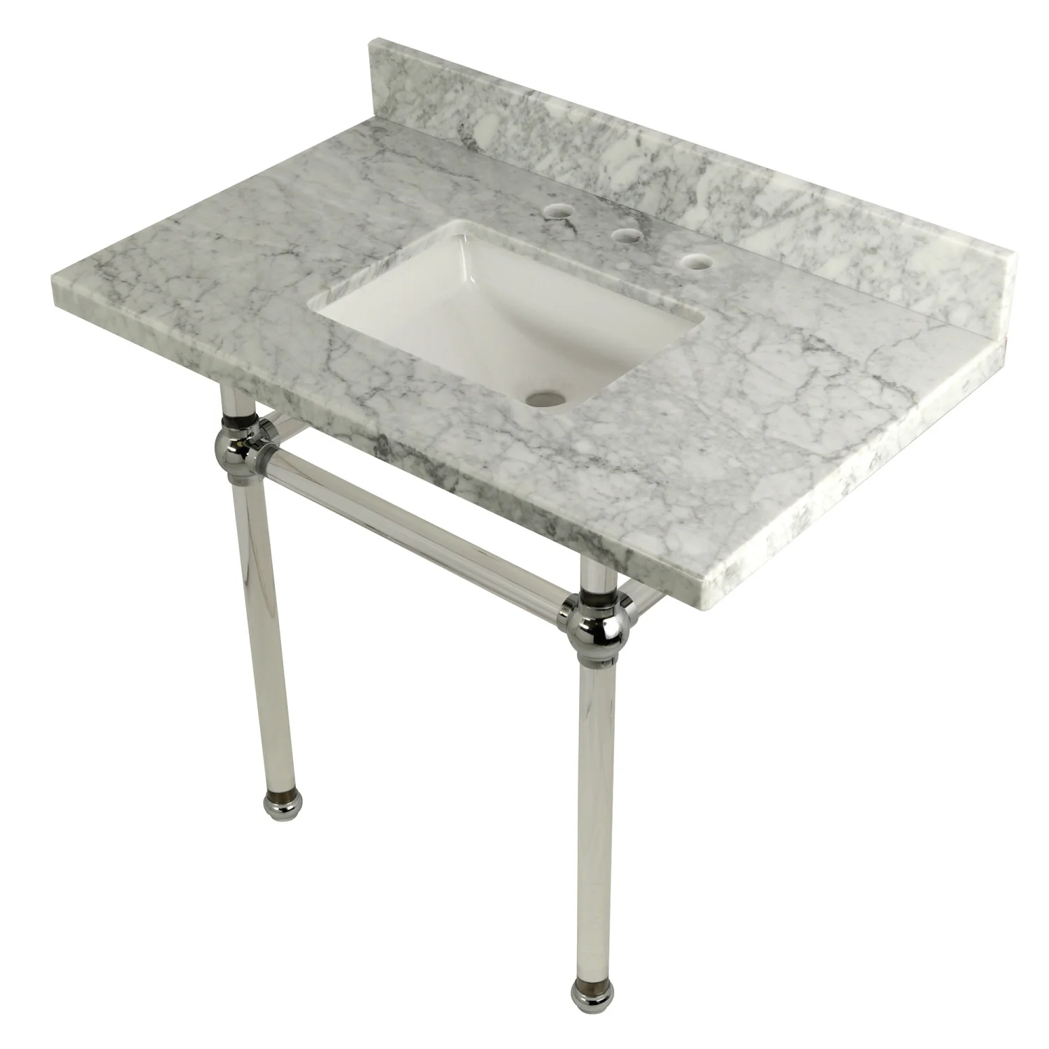 Kingston Tulare KVPB3630MASQ1 - Templeton 36-Inch Carrara Marble Vanity Top with Acrylic Legs (8-Inch, 3-Hole), Carrara Marble White/Polished Chrome - Image 3