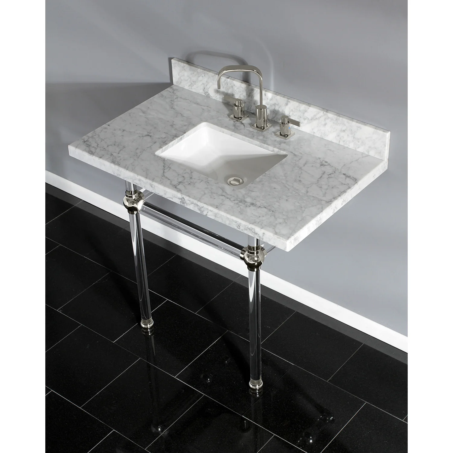Kingston Tulare KVPB3630MASQ6 - Templeton 36-Inch Carrara Marble Vanity Top with Acrylic Legs (8-Inch, 3-Hole), Carrara Marble White/Polished Nickel - Image 2
