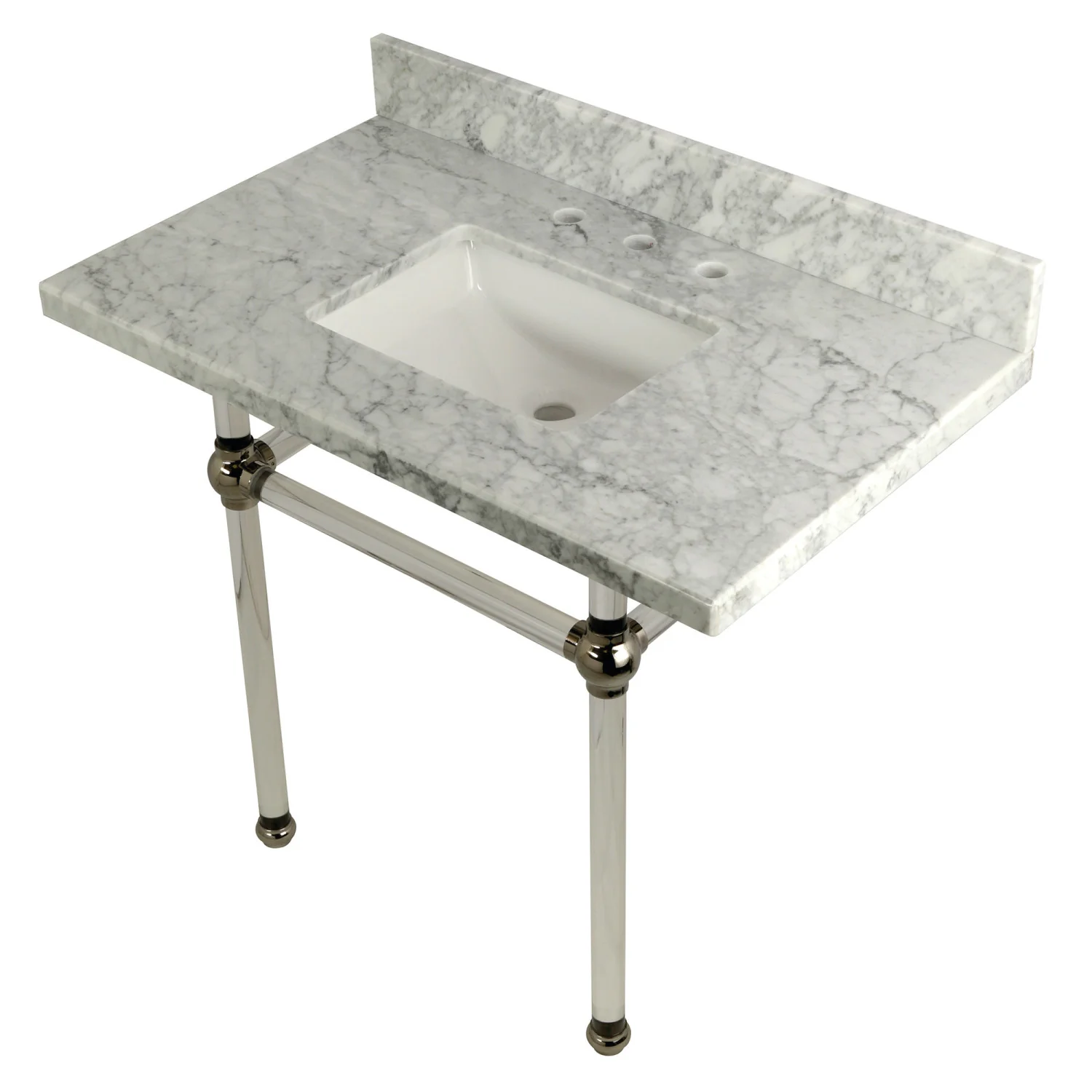 Kingston Tulare KVPB3630MASQ6 - Templeton 36-Inch Carrara Marble Vanity Top with Acrylic Legs (8-Inch, 3-Hole), Carrara Marble White/Polished Nickel - Image 3