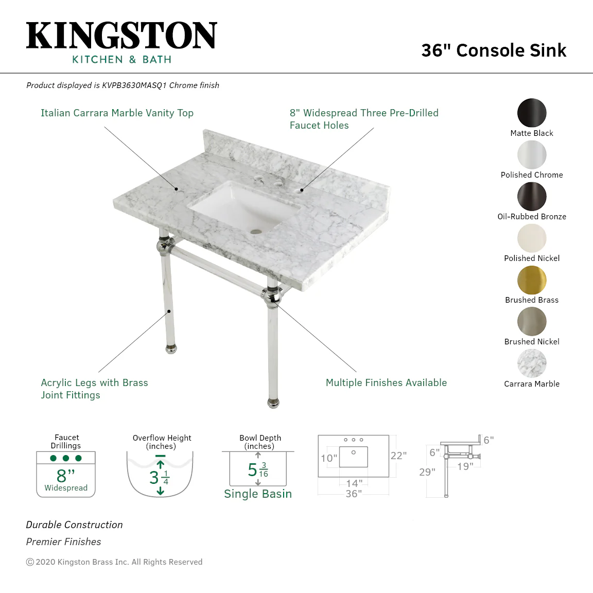 Kingston Tulare KVPB3630MASQ6 - Templeton 36-Inch Carrara Marble Vanity Top with Acrylic Legs (8-Inch, 3-Hole), Carrara Marble White/Polished Nickel - Image 4