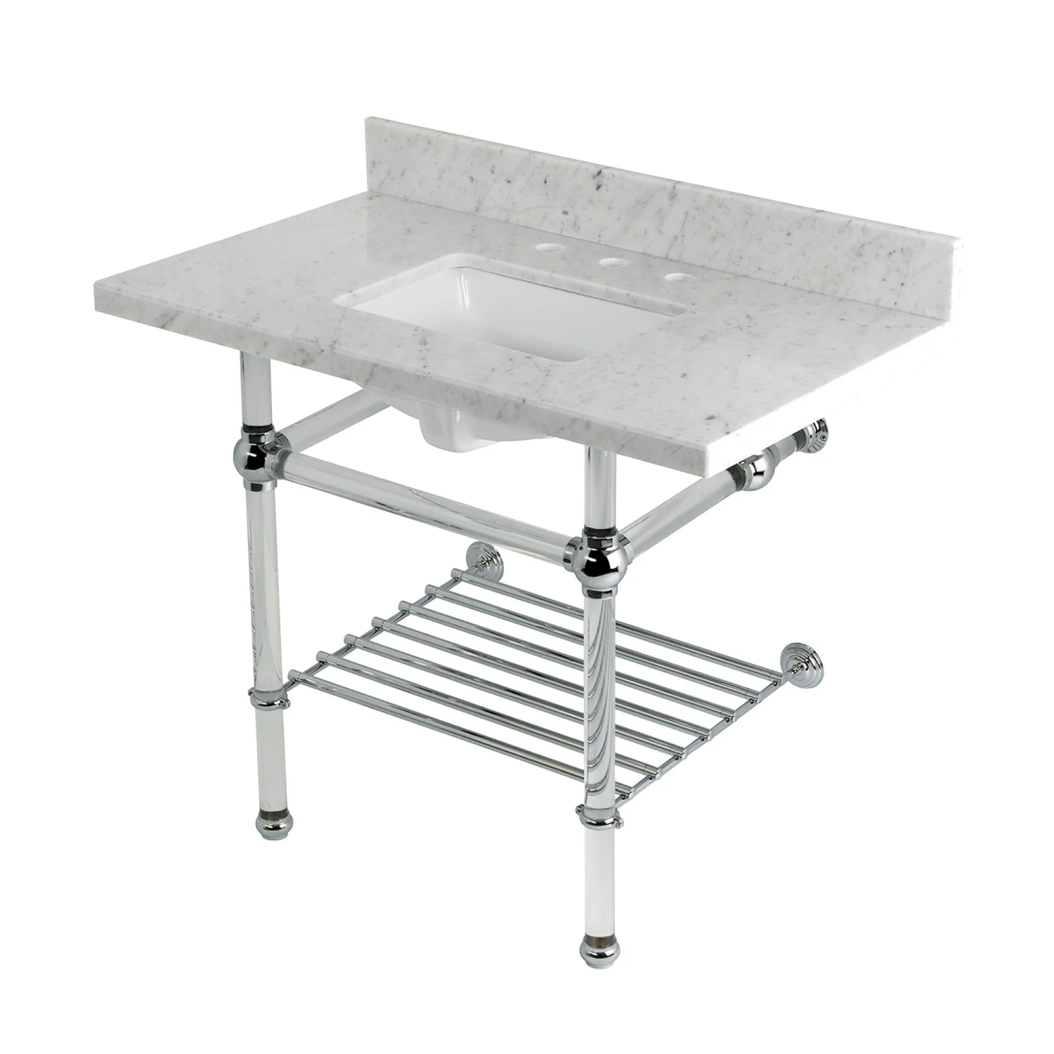 Kingston Tulare KVPB3630MASQB1 - Templeton 36-Inch Carrara Marble Console Sink with Acrylic Legs and Shelf (8-Inch, 3-Hole), Carrara Marble White/Polished Chrome
