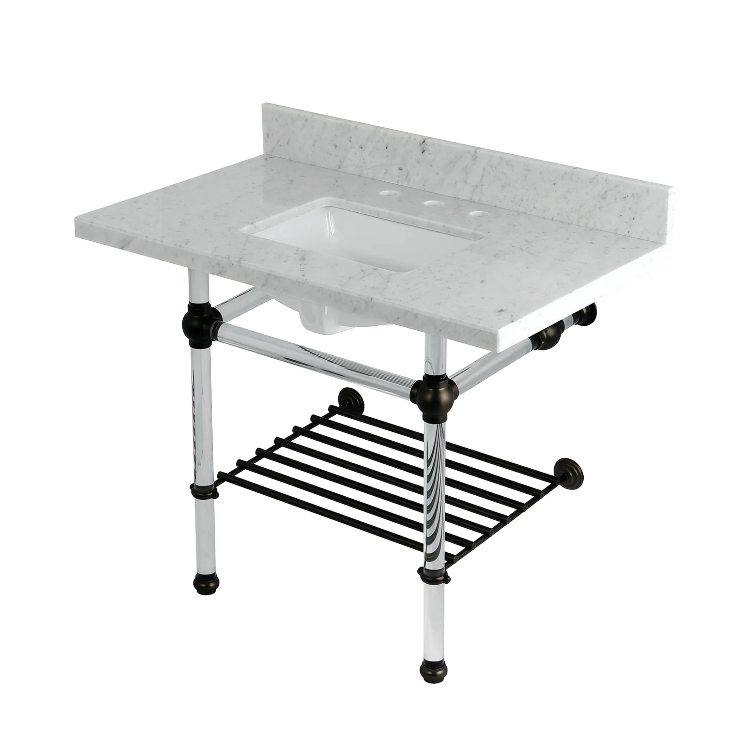 Kingston Tulare KVPB3630MASQB5 - Templeton 36-Inch Carrara Marble Console Sink with Acrylic Legs and Shelf (8-Inch, 3-Hole), Carrara Marble White/Oil Rubbed Bronze