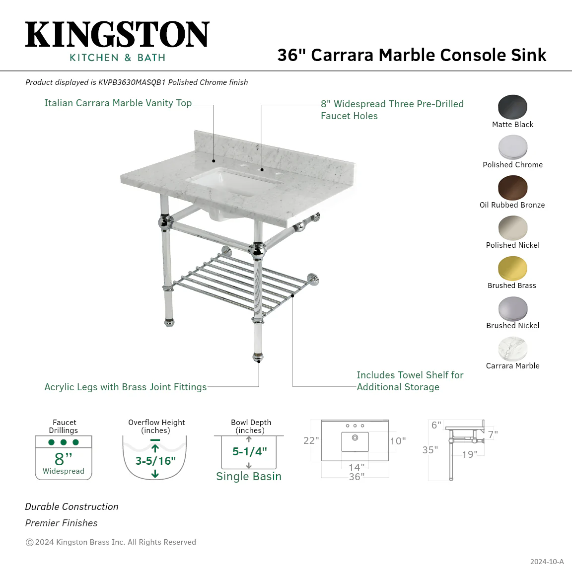 Kingston Tulare KVPB3630MASQB5 - Templeton 36-Inch Carrara Marble Console Sink with Acrylic Legs and Shelf (8-Inch, 3-Hole), Carrara Marble White/Oil Rubbed Bronze - Image 2