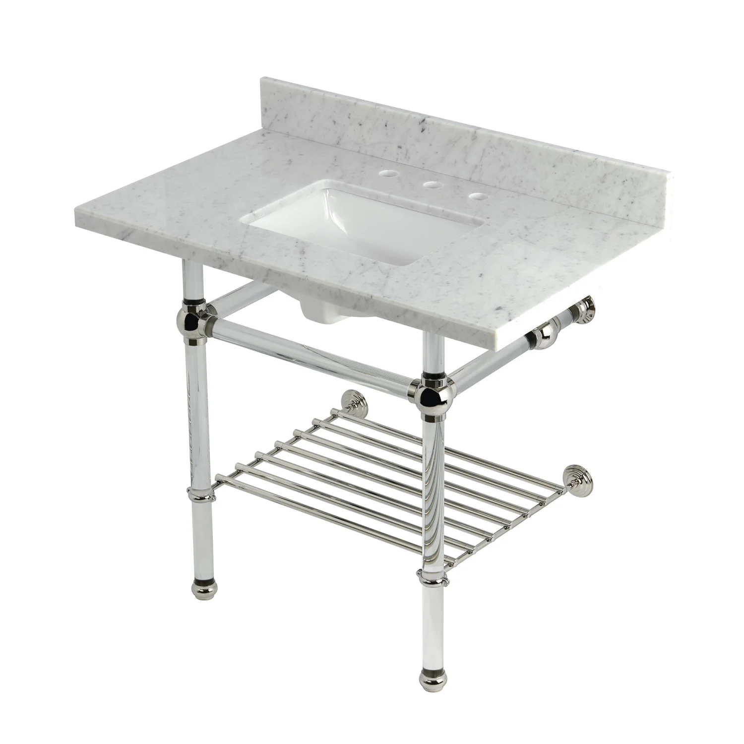 Kingston Tulare KVPB3630MASQB6 - Templeton 36-Inch Carrara Marble Console Sink with Acrylic Legs and Shelf (8-Inch, 3-Hole), Carrara Marble White/Polished Nickel
